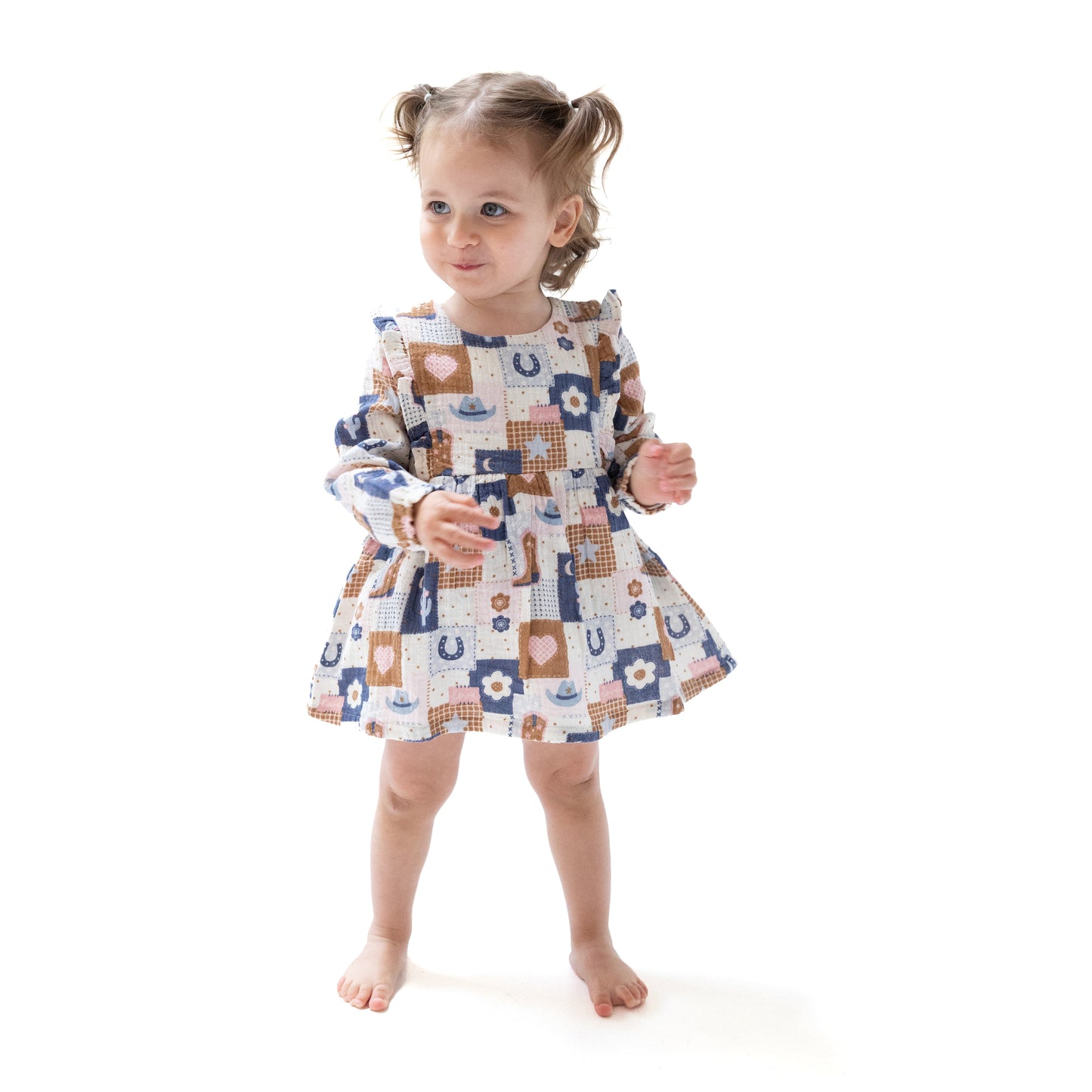 Ruffle Long Sleeve Bubble with Skirt in our  Patchwork Cowgirl print from Angel Dear