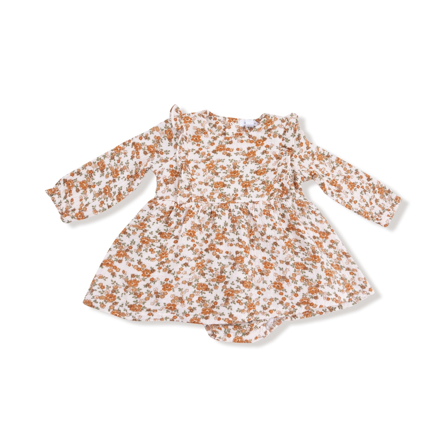 Ruffle Long Sleeve Bubble with Skirt in our  Prairie Calico print from Angel Dear