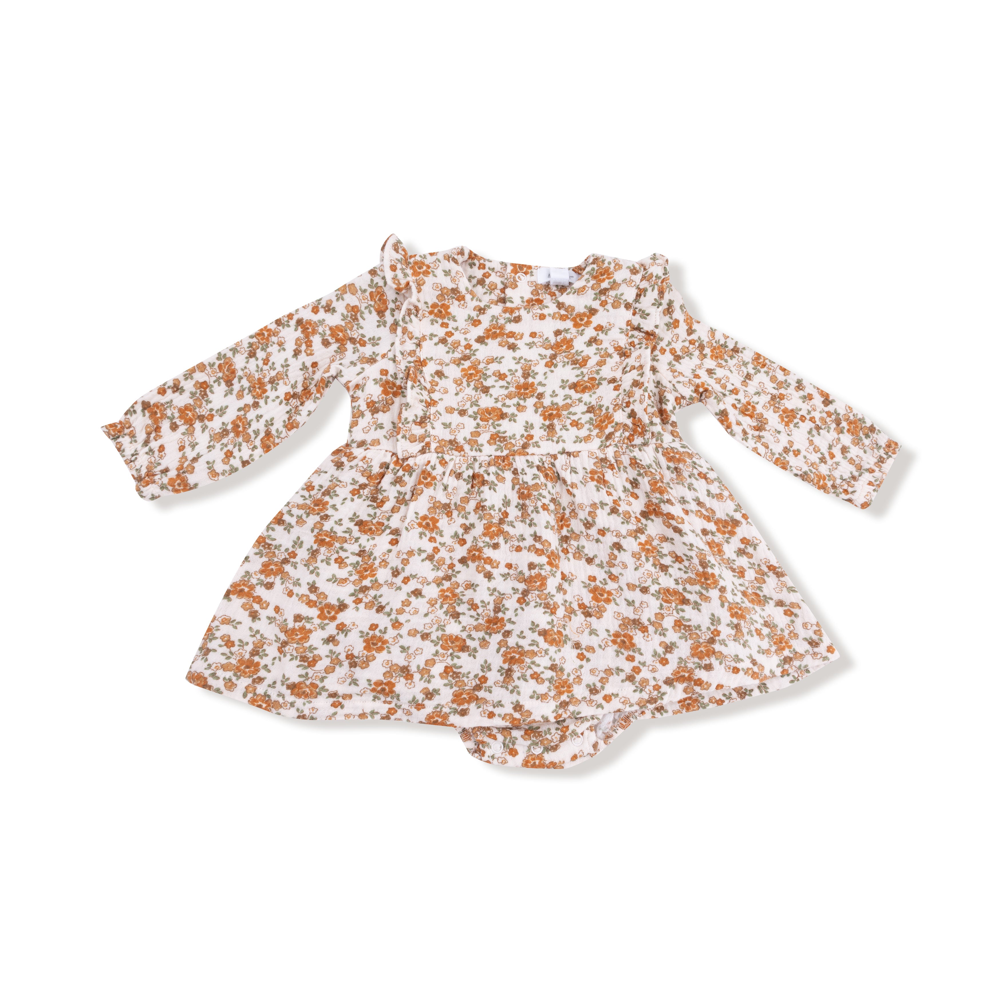 Ruffle Long Sleeve Bubble with Skirt in our  Prairie Calico print from Angel Dear
