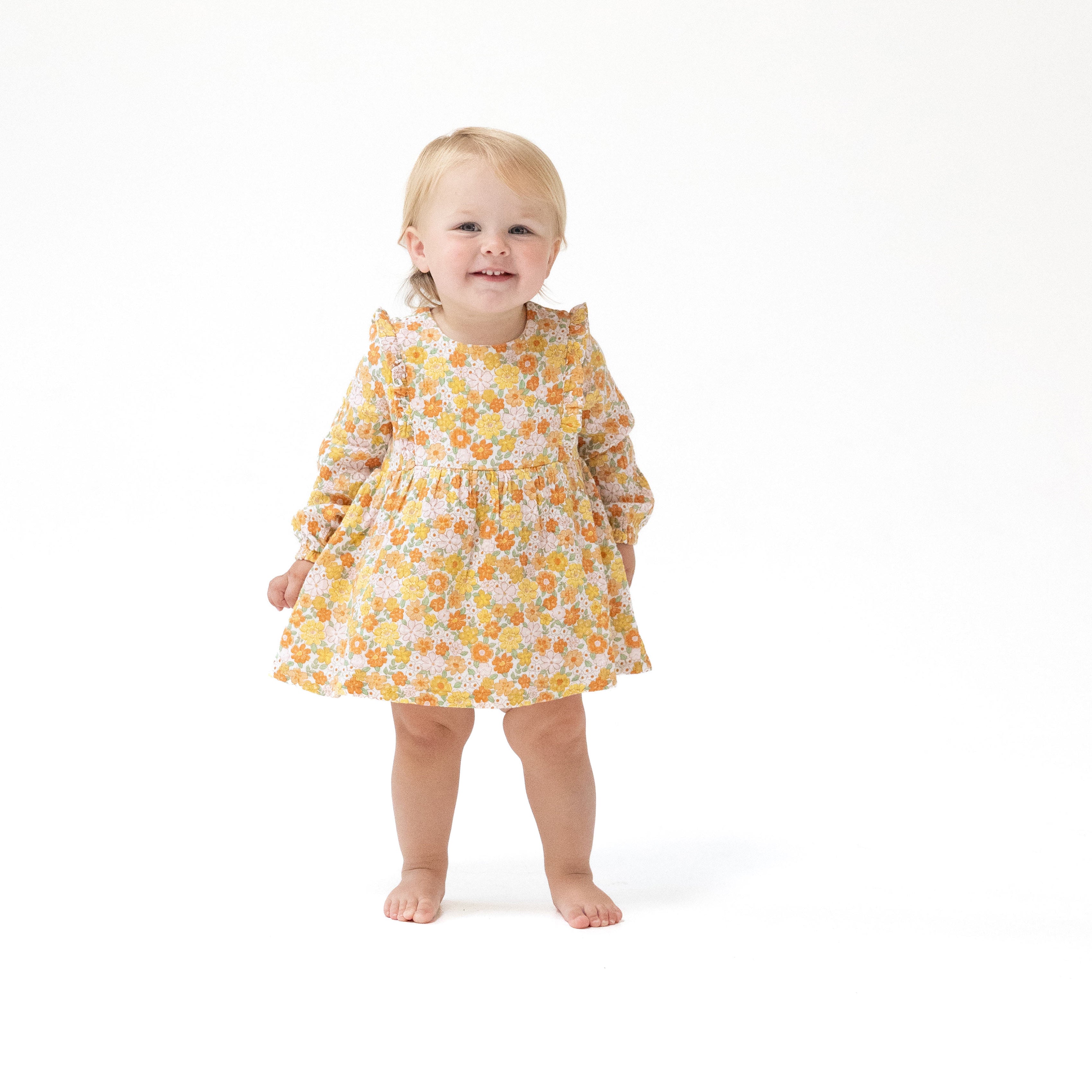 Ruffle Long Sleeve Bubble with Skirt in our  Sweet Amber Floral print from Angel Dear