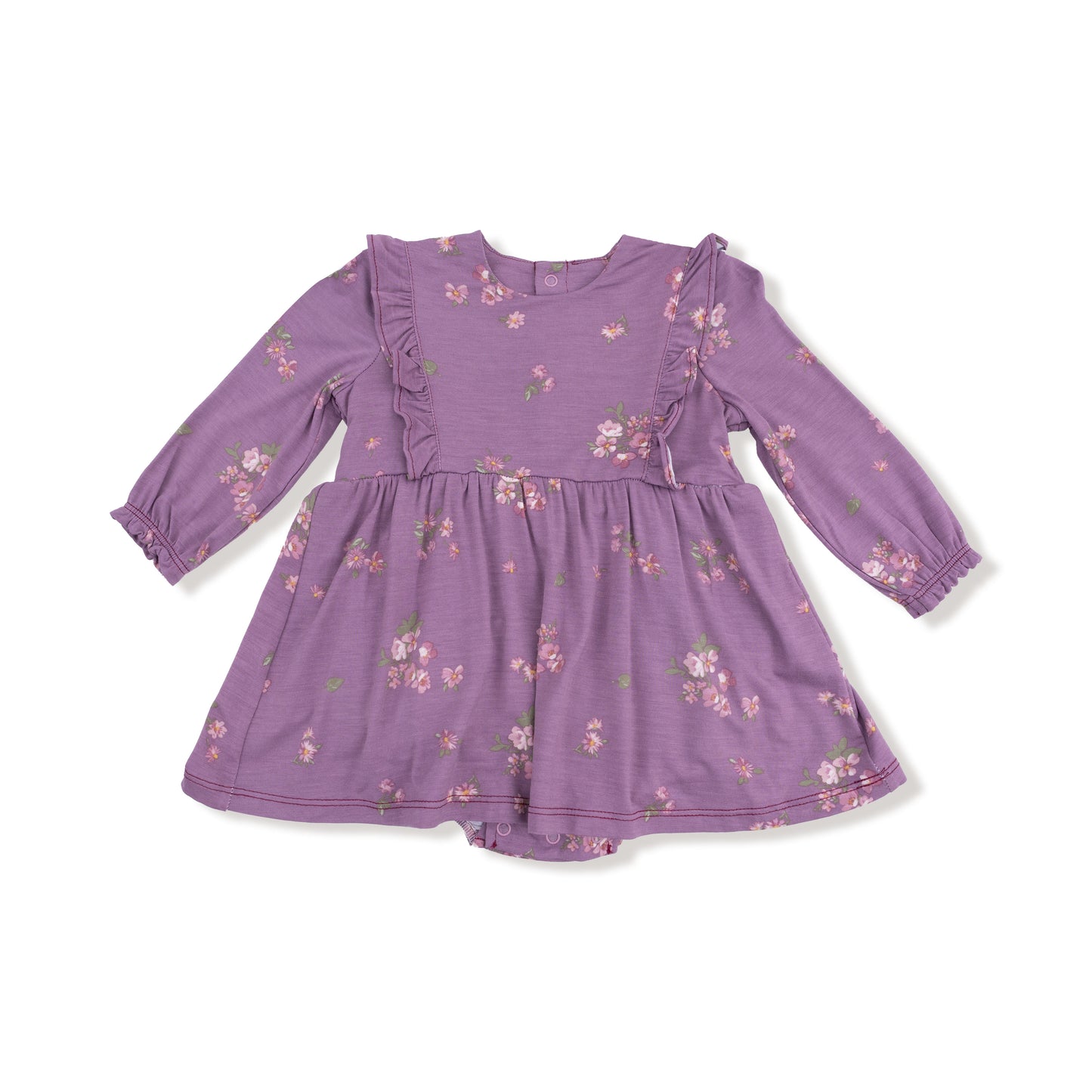 Ruffle Long Sleeve Bubble with Skirt in our  Woodsorrel print from Angel Dear