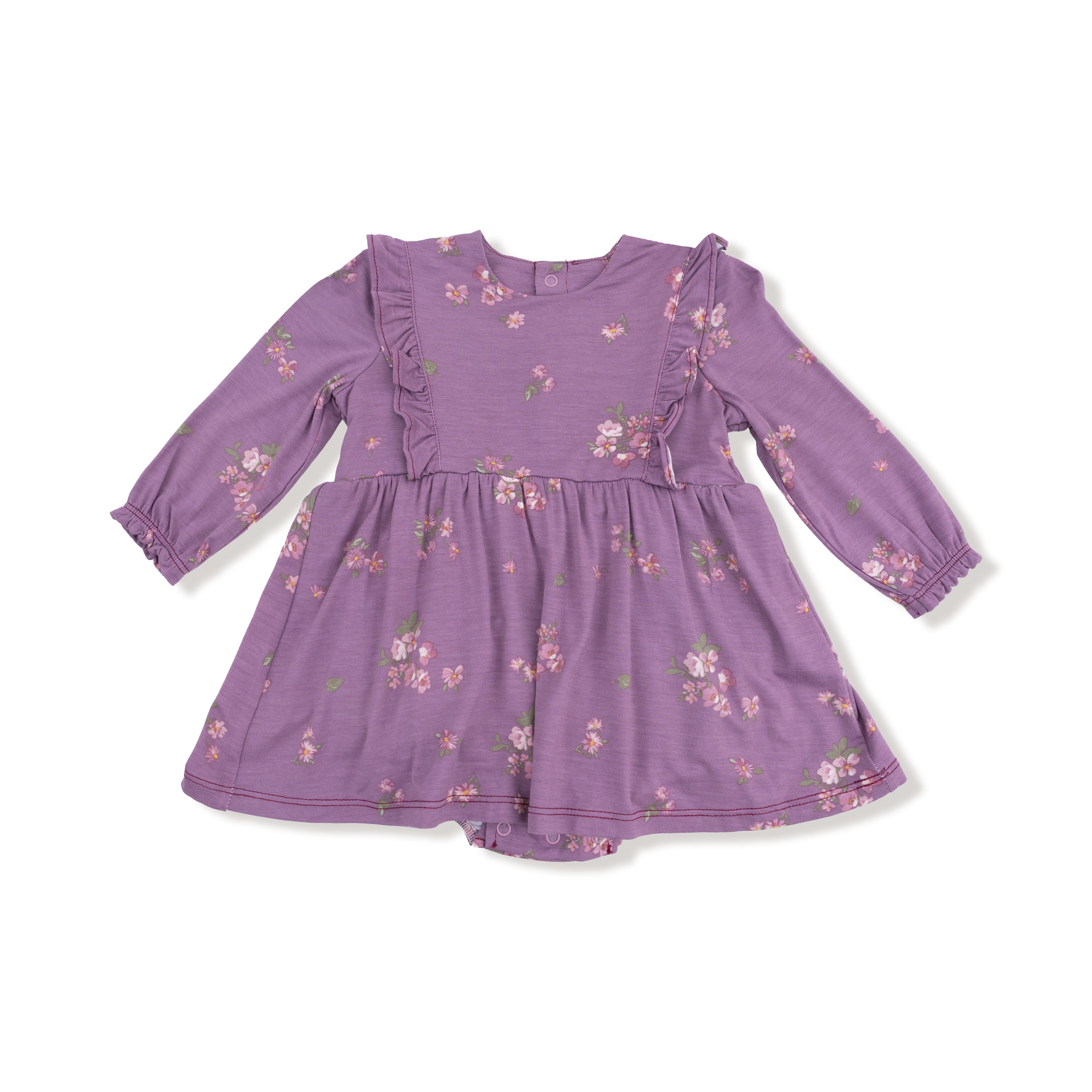 Ruffle Long Sleeve Bubble with Skirt in our  Woodsorrel print from Angel Dear