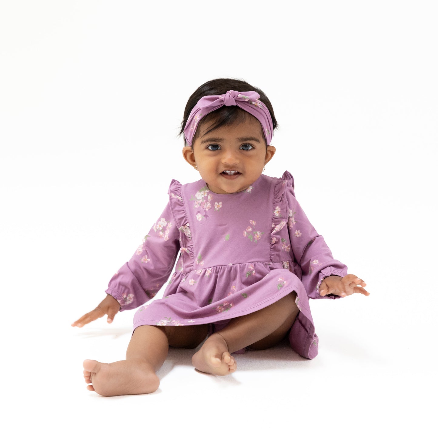 Ruffle Long Sleeve Bubble with Skirt in our  Woodsorrel print from Angel Dear