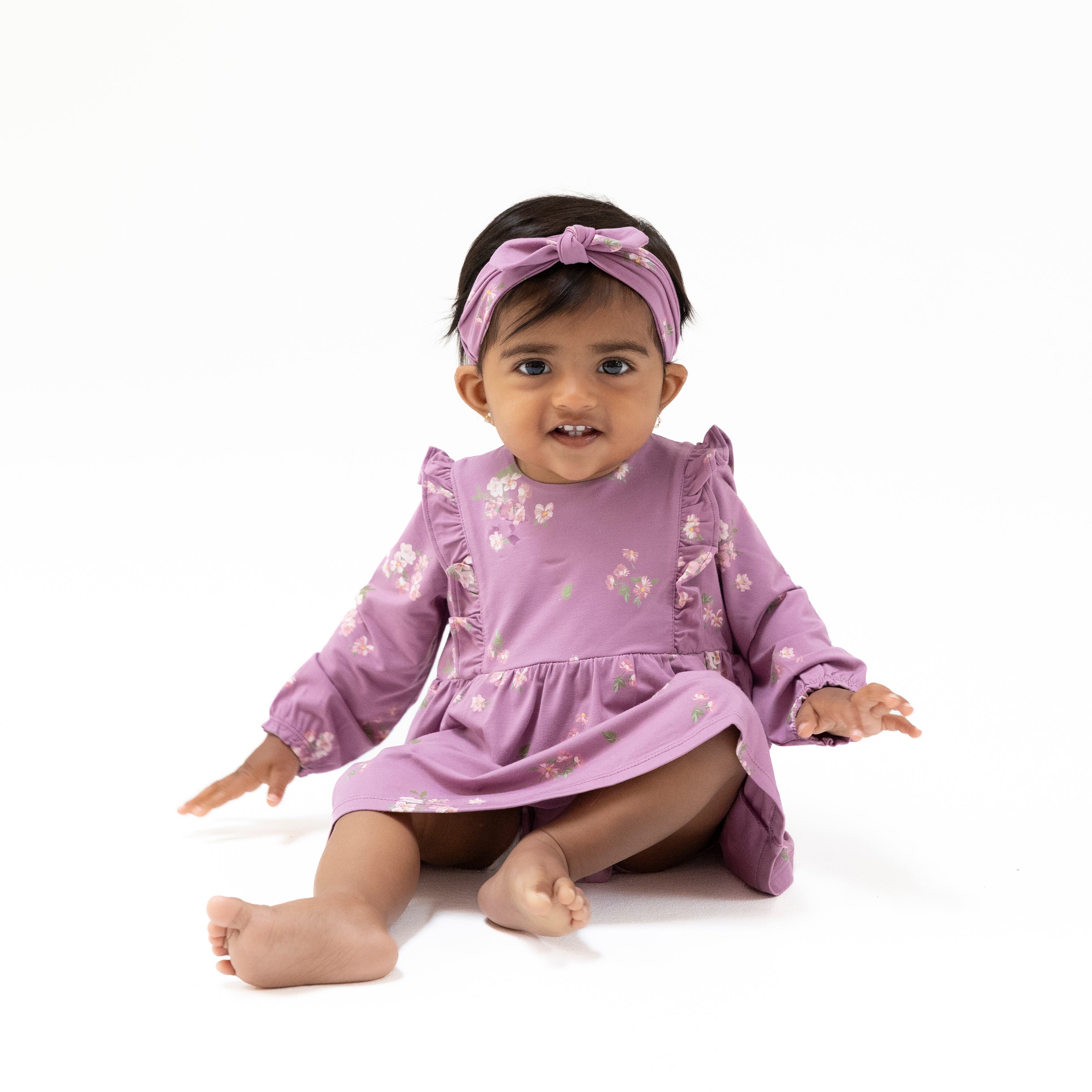 Ruffle Long Sleeve Bubble with Skirt in our  Woodsorrel print from Angel Dear