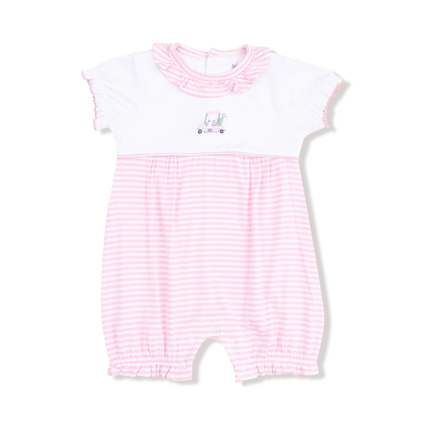 Ruffle Collar Romper with Piping and Picot in our  Baby Golf Carts - Pink print from Angel Dear