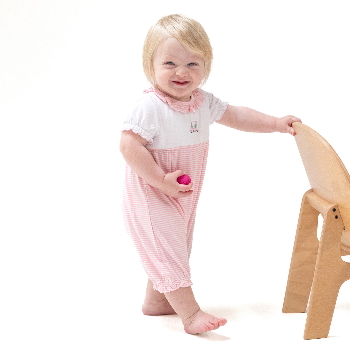 Ruffle Collar Romper with Piping and Picot in our  Baby Golf Carts - Pink print from Angel Dear