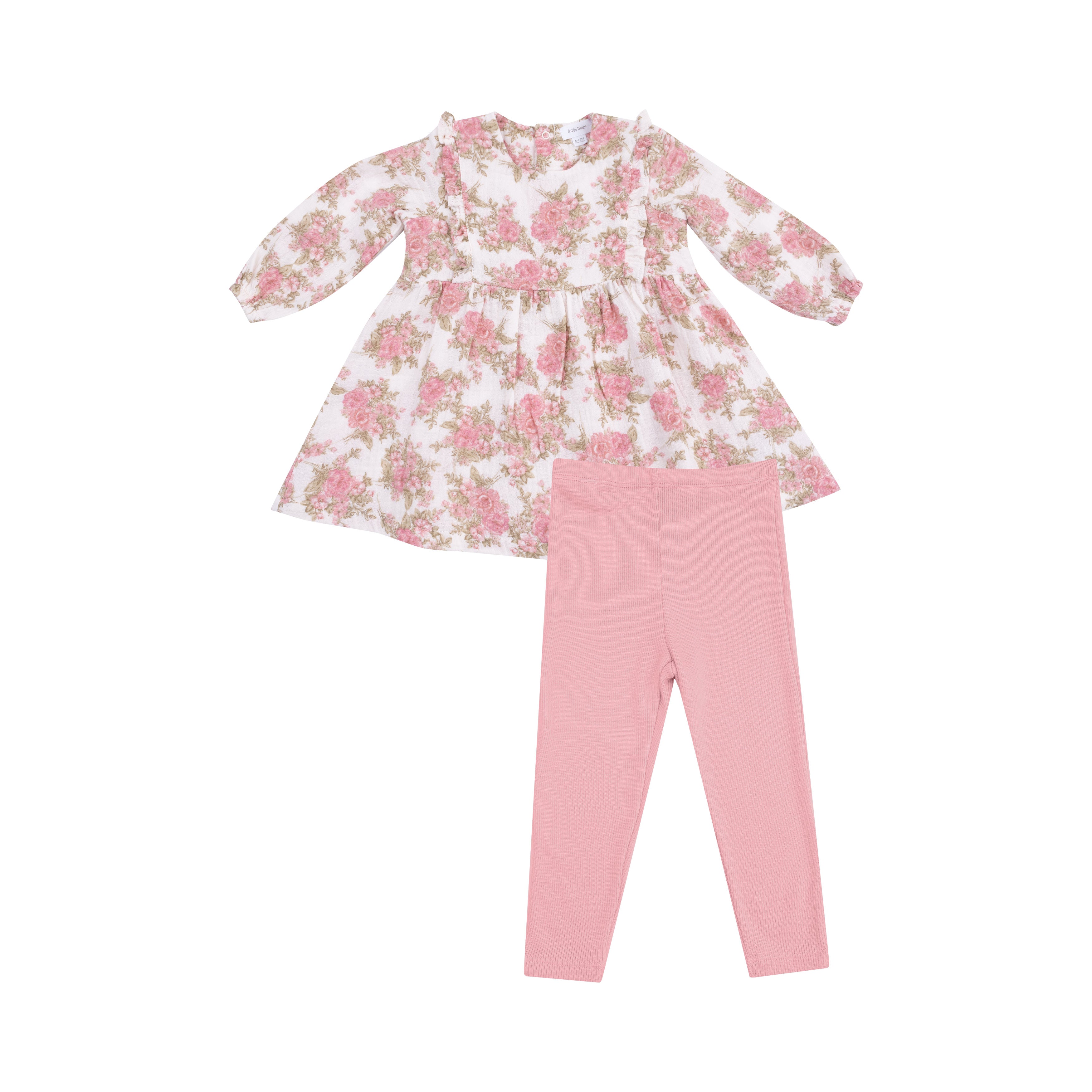 Ruffle Long Sleeve Dress and Ribbed Legging in our  Heirloom Bouquets print from Angel Dear