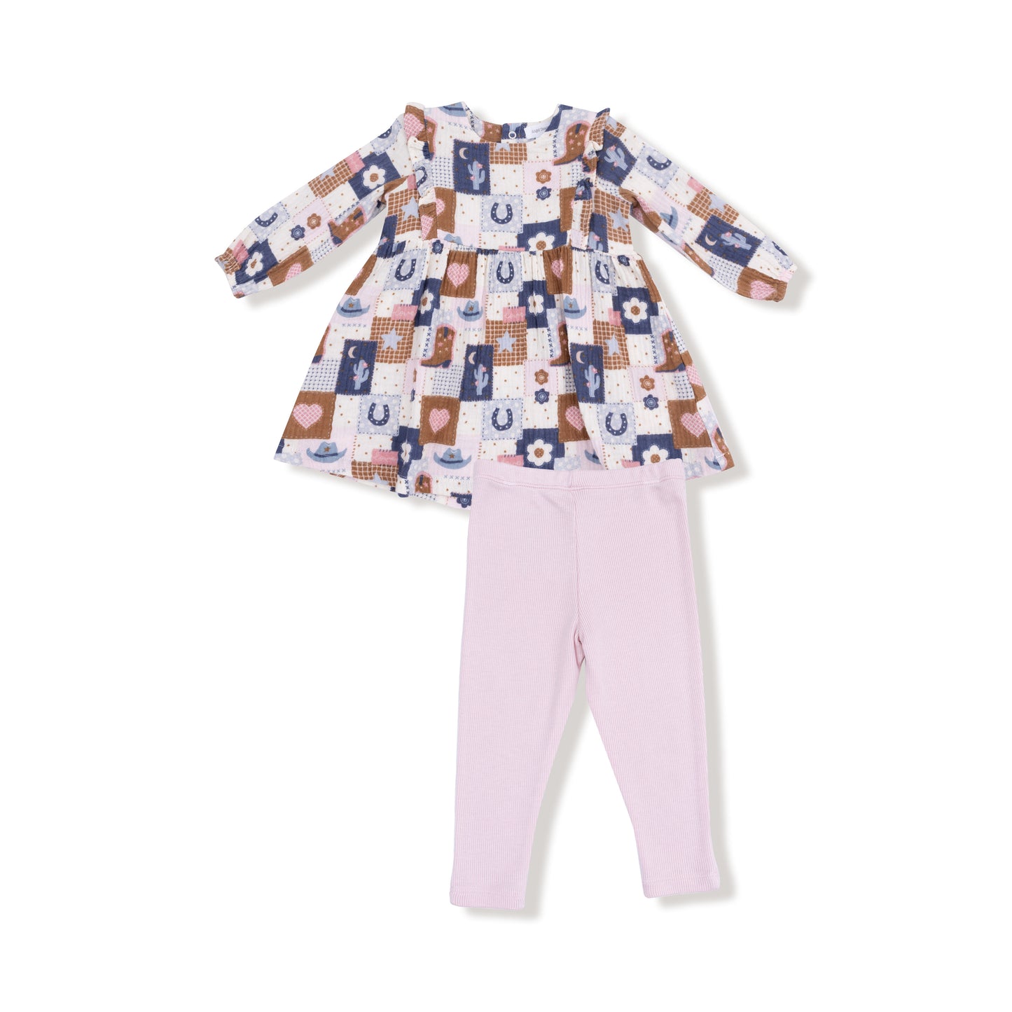 Ruffle Long Sleeve Dress and Legging Set in our  Patchwork Cowgirl print from Angel Dear