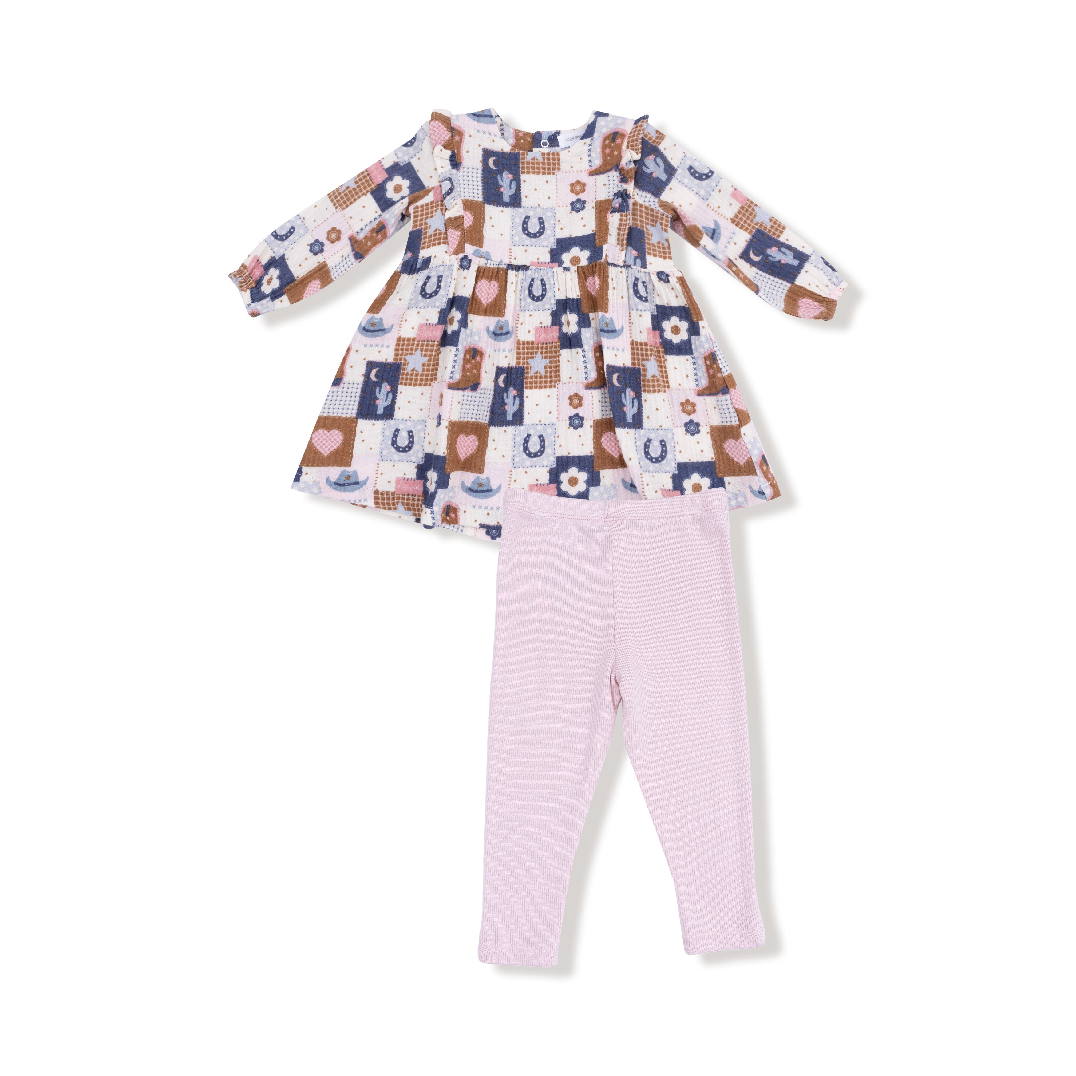 Ruffle Long Sleeve Dress and Legging Set in our  Patchwork Cowgirl print from Angel Dear