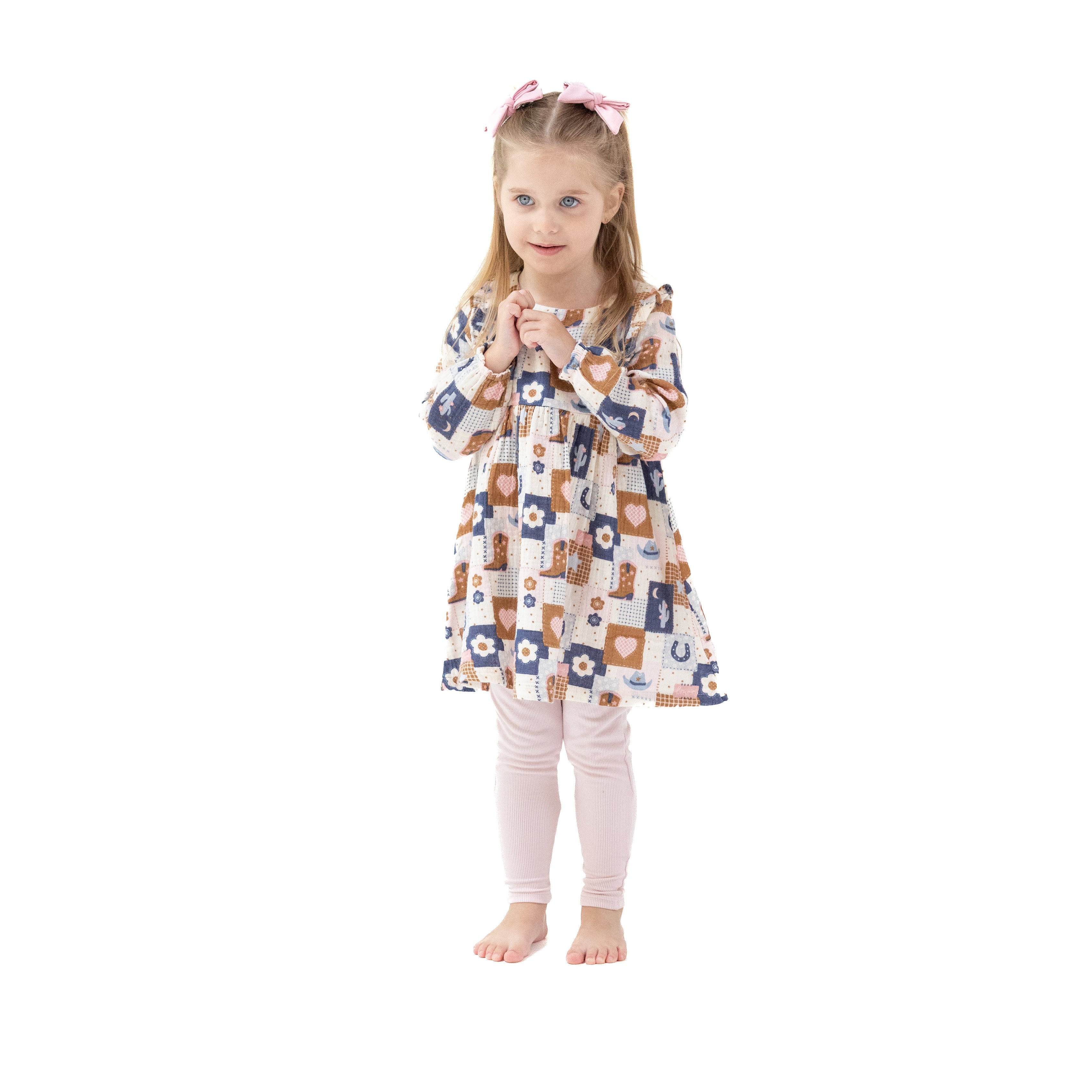Ruffle Long Sleeve Dress and Legging Set in our  Patchwork Cowgirl print from Angel Dear