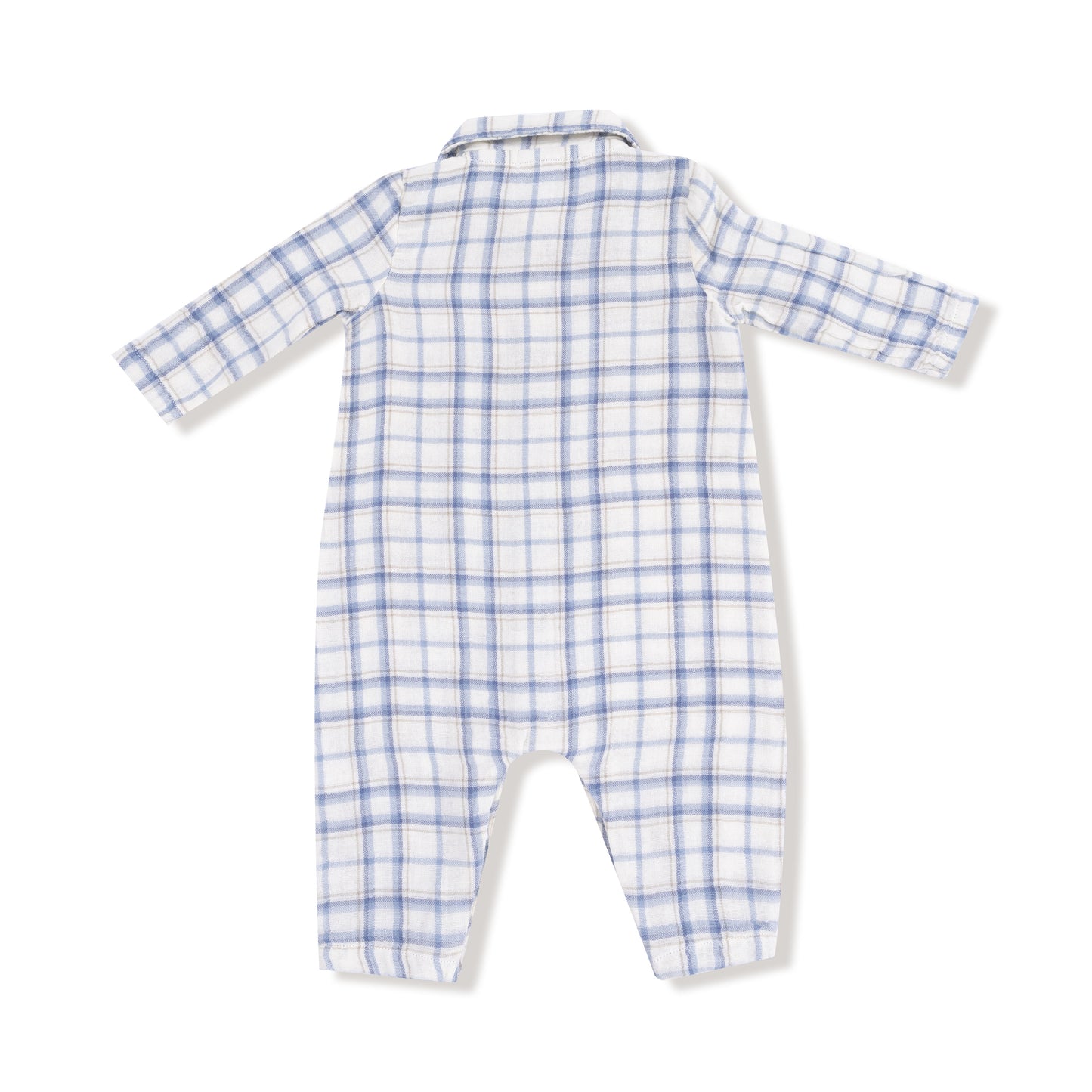 Long Sleeve Polo Romper with Full Placket in our  Blue Plaid print from Angel Dear