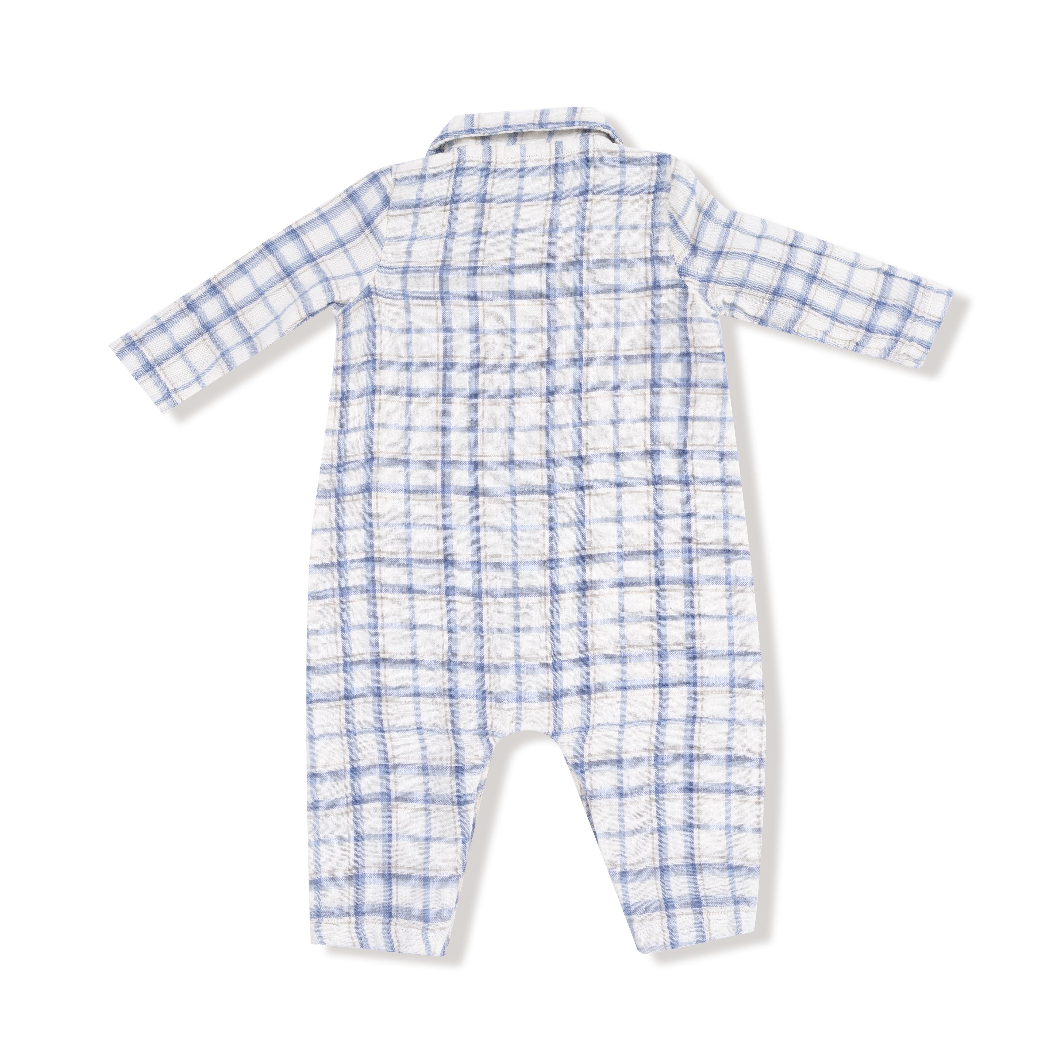 Long Sleeve Polo Romper with Full Placket in our  Blue Plaid print from Angel Dear