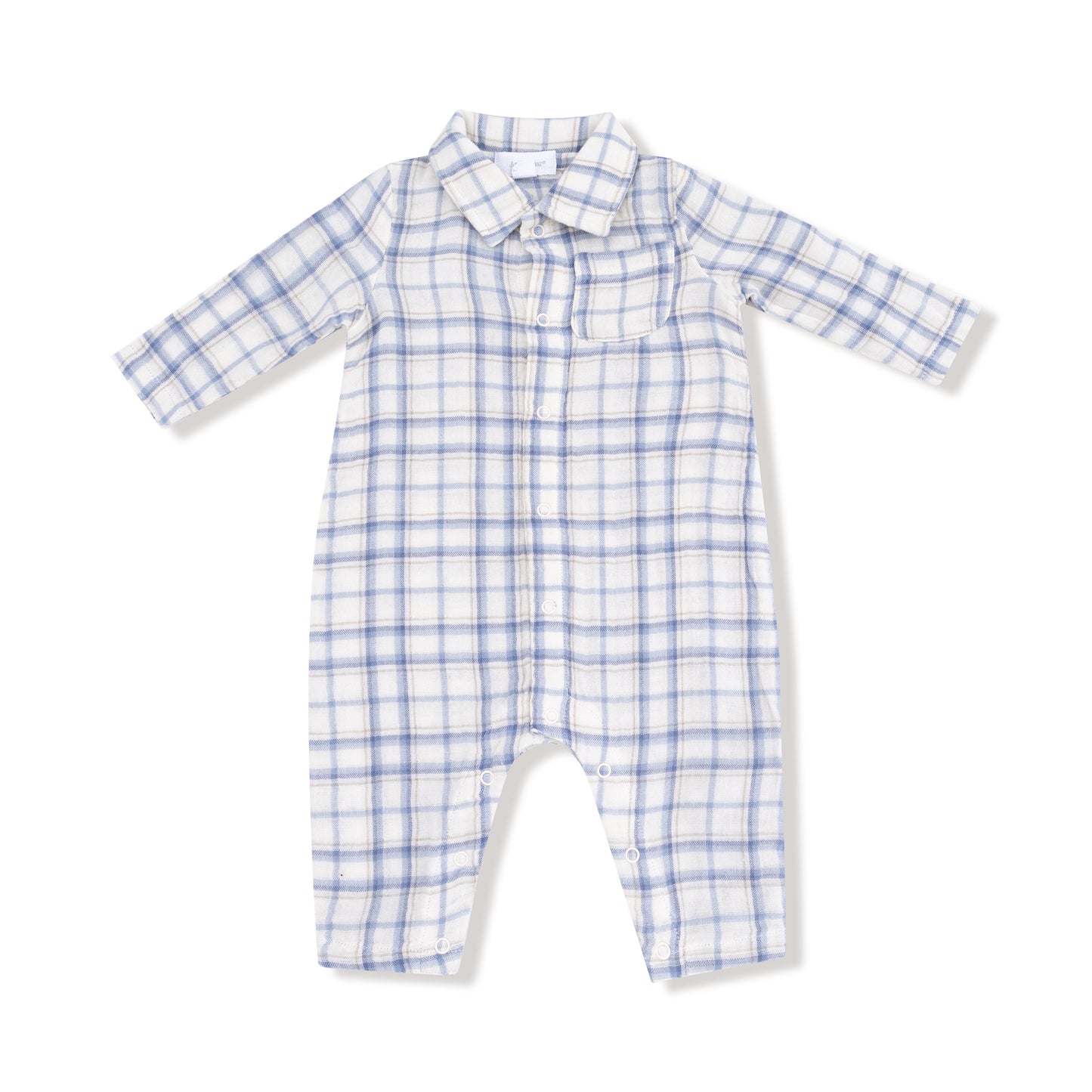 Long Sleeve Polo Romper with Full Placket in our  Blue Plaid print from Angel Dear