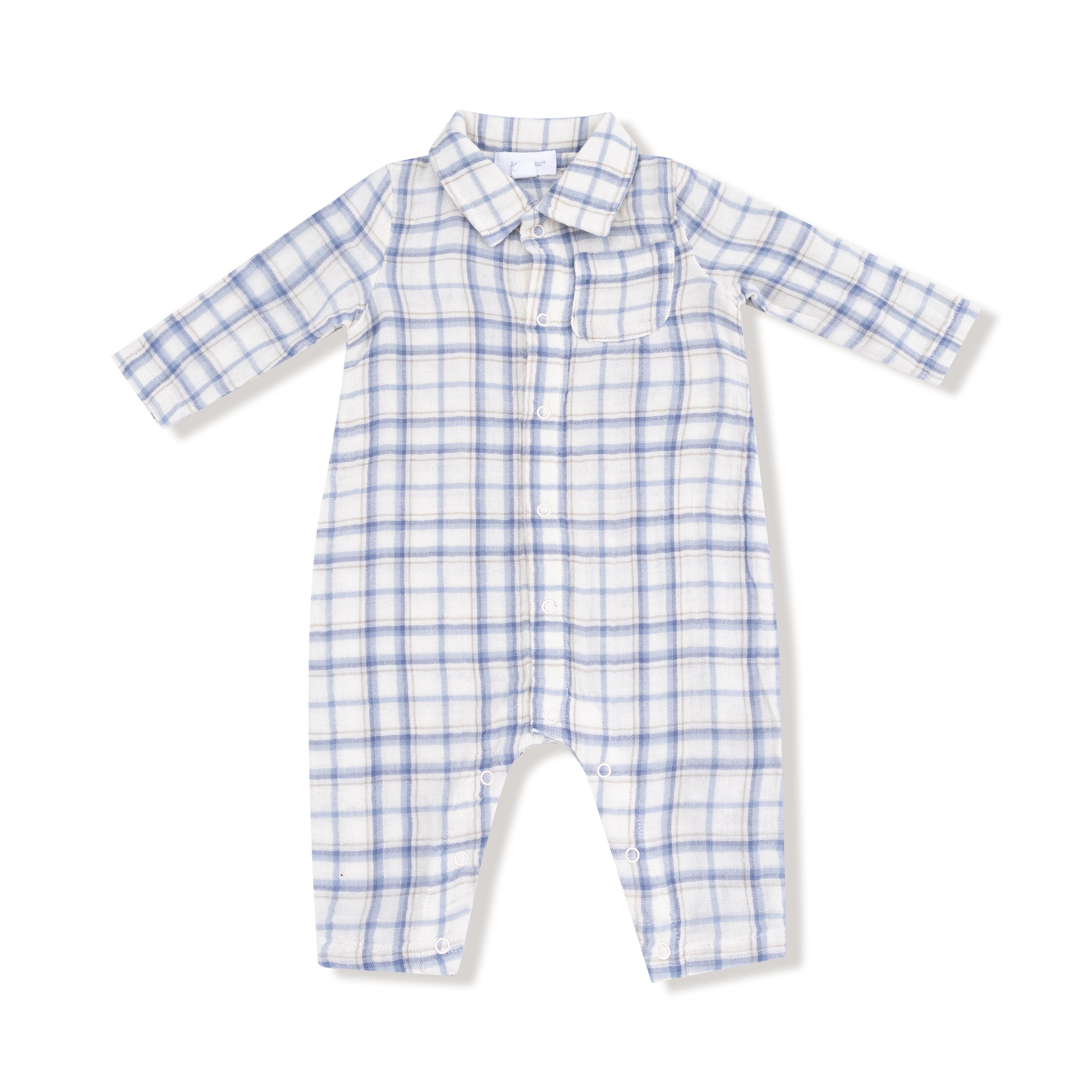 Long Sleeve Polo Romper with Full Placket in our  Blue Plaid print from Angel Dear