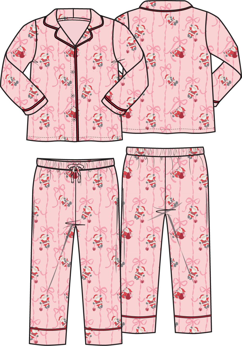 Bows & Santa - Kids Long Sleeve Coat Style with Pant