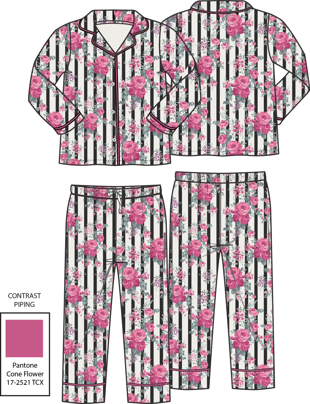 Cabbage Rose Stripe - Adult Long Sleeve Coat Style and Pant with Pockets