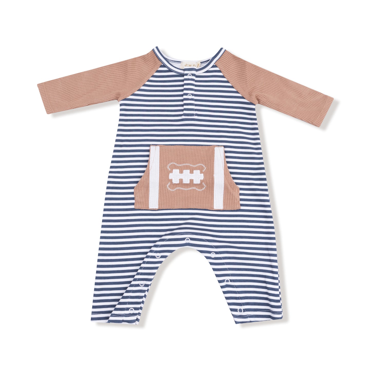 Long Sleeve Raglan Henley Romper in our  Stripes with Football print from Angel Dear