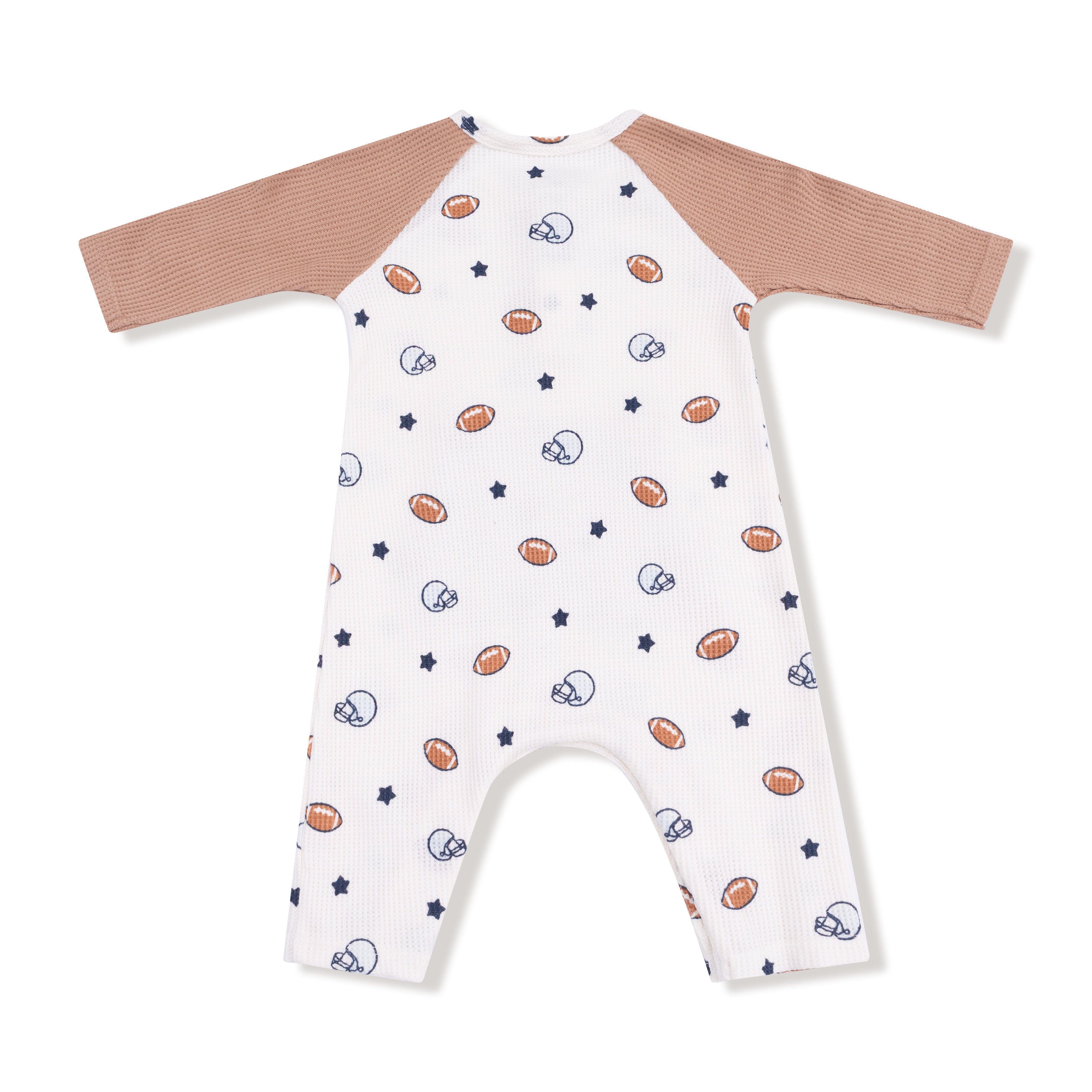 Long Sleeve Raglan Henley Romper and Kanga Pocket in our  Footballs and Stars print from Angel Dear