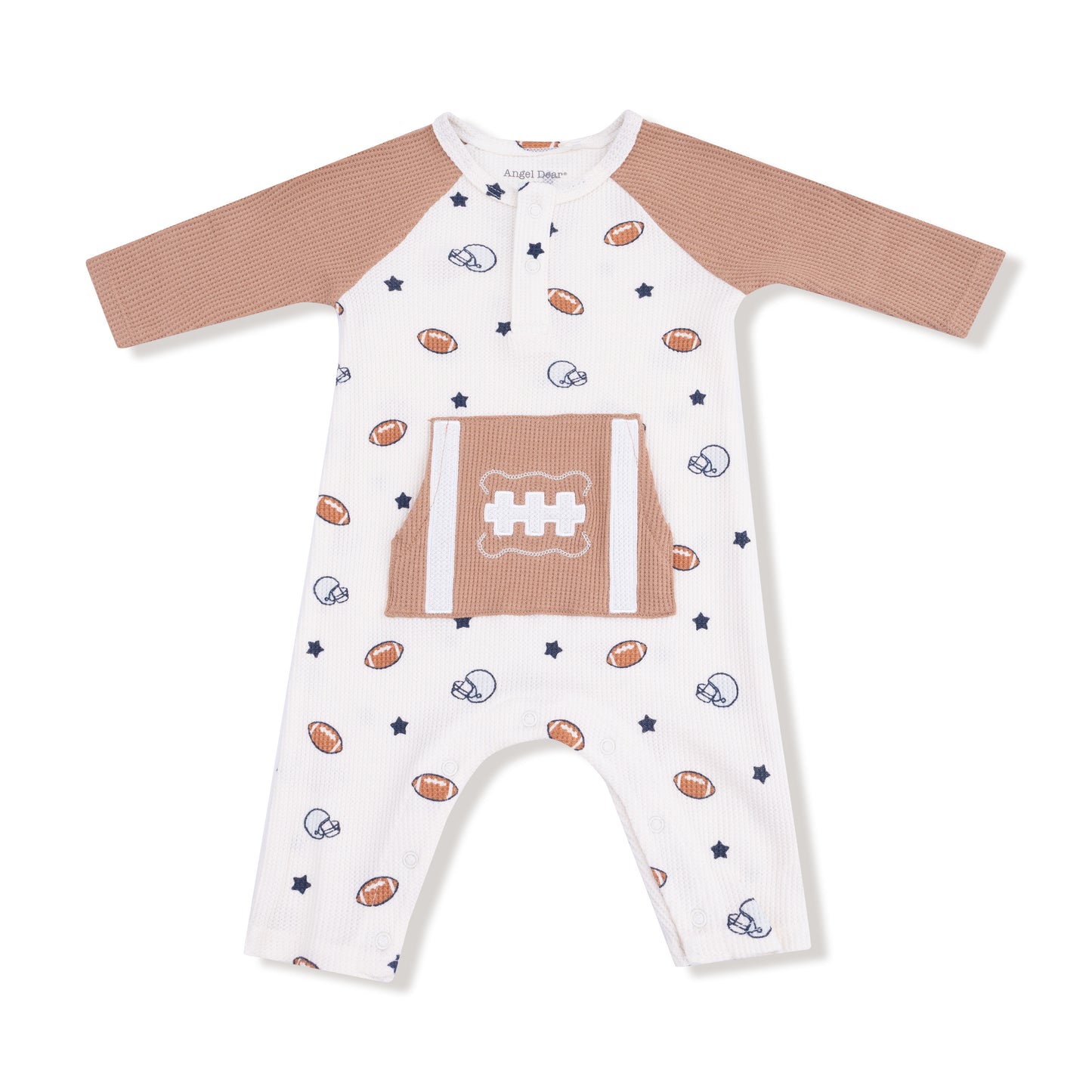 Long Sleeve Raglan Henley Romper and Kanga Pocket in our  Footballs and Stars print from Angel Dear