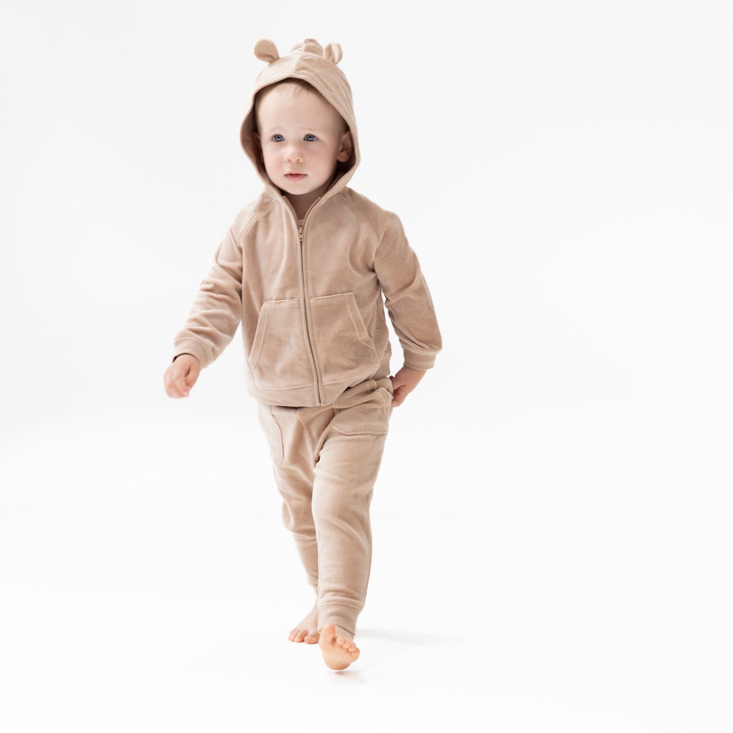 Zip Hoodie + Varsity Stripe Jogger Set in our  Velour Teddy Bear print from Angel Dear