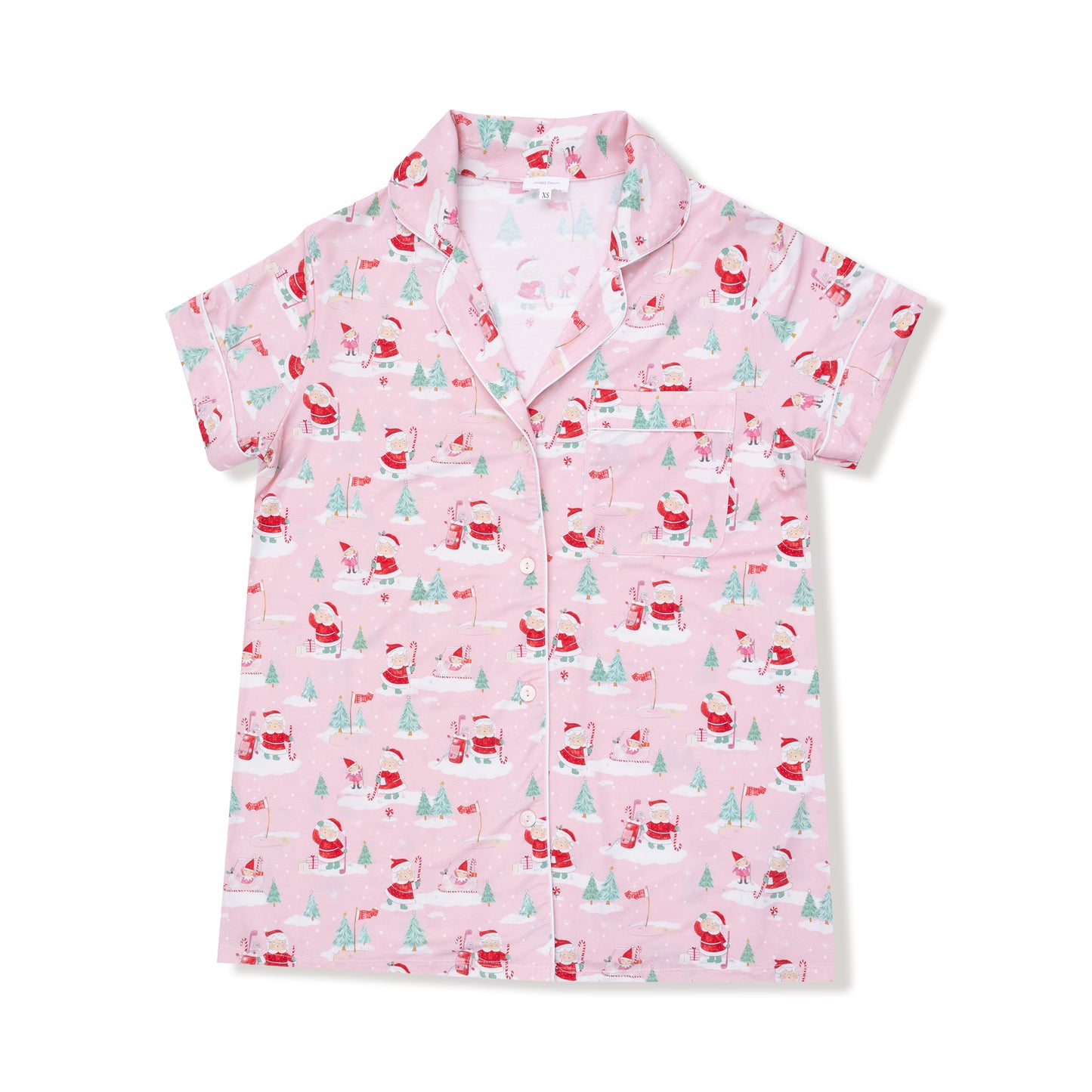 Adult Short Sleeve Coat Style with Pants in our  Golfing Mrs. Claus and Elves print from Angel Dear