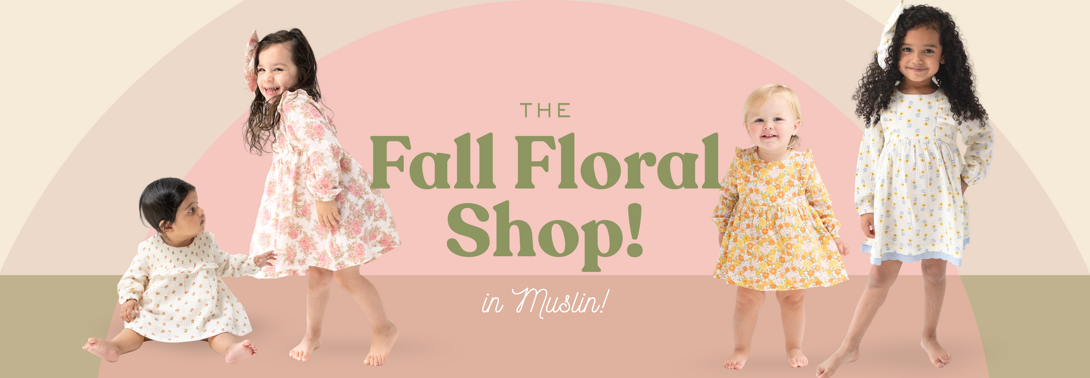 Little and toddler girls wear fall floral prints in adorable muslin dresses.