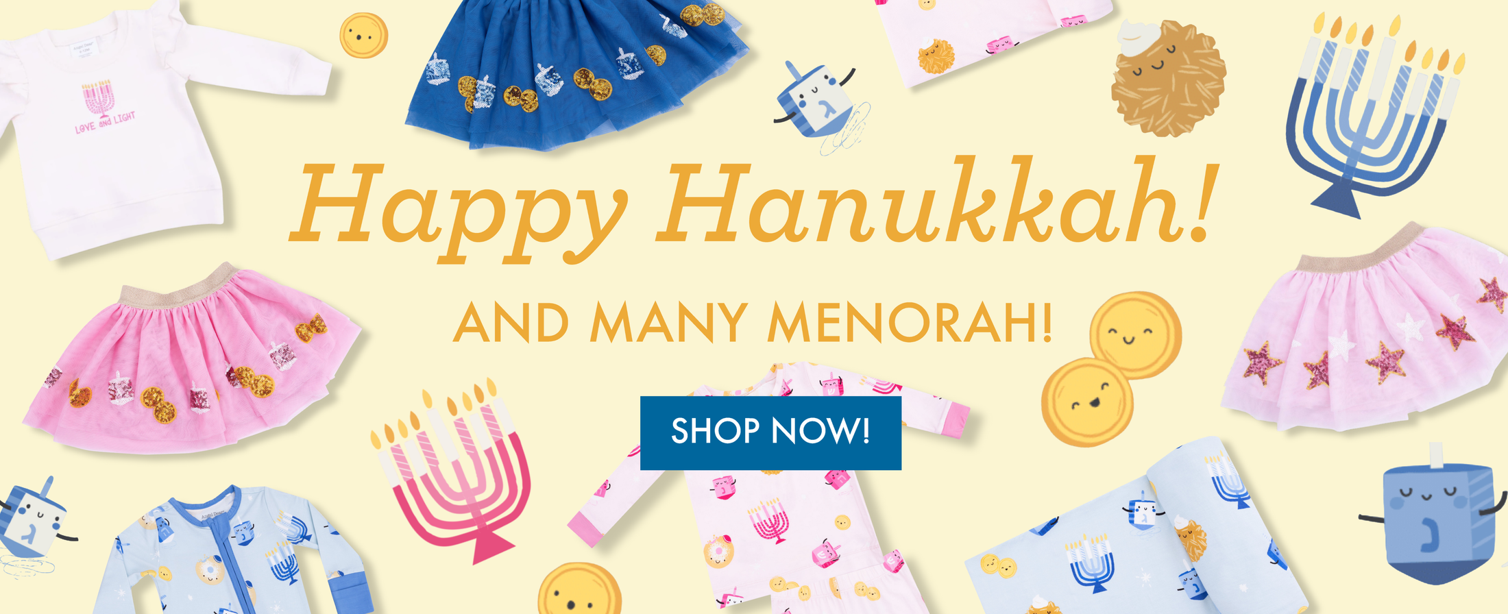 An array of different styles from the Hanukkah collection. Text reads, "Happy Hanukkah! and many menorah! Shop Now!"