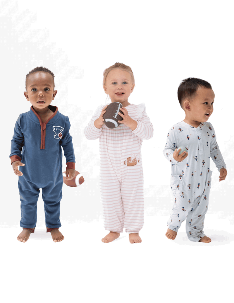Animated gif of several toddlers standing side by side in football themed patterned play rompers against a clean white studio background. 