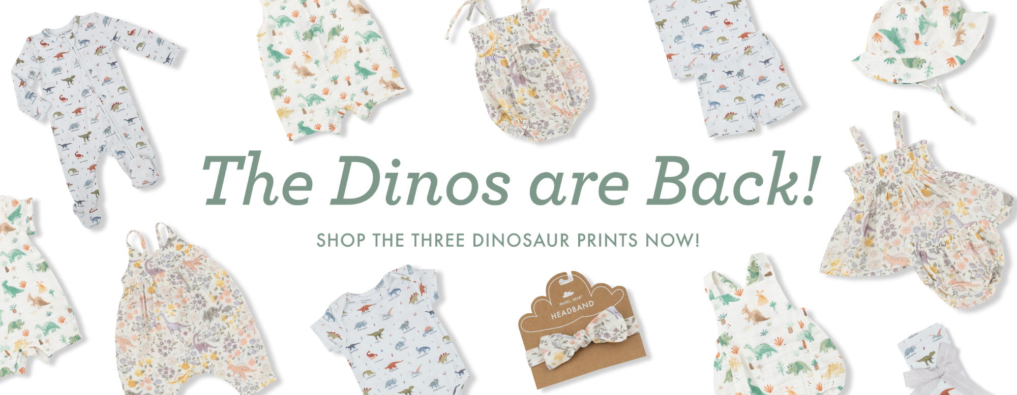 collage of baby clothing in dinosaur prints "The Dinos are Back!"