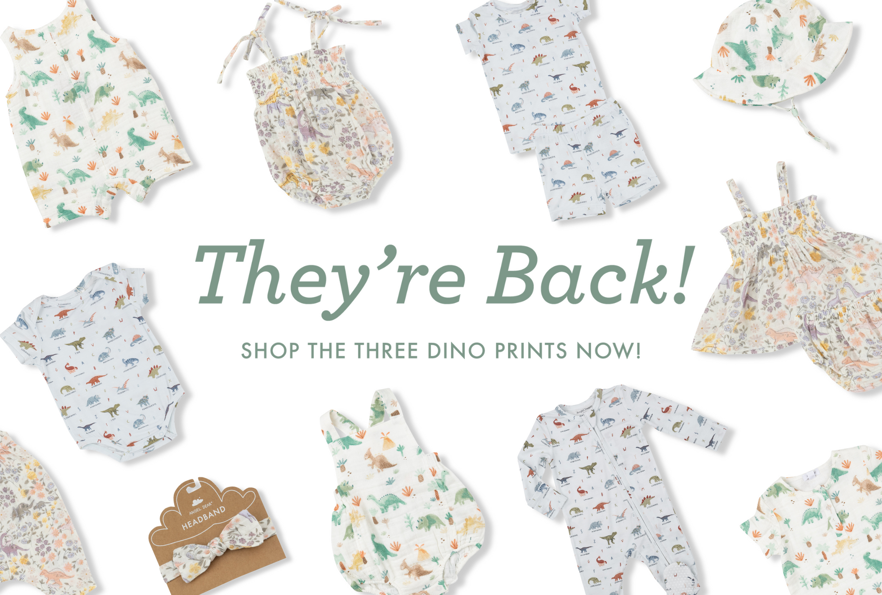 collage of dinosaur prints baby clothing - "They're Back!"
