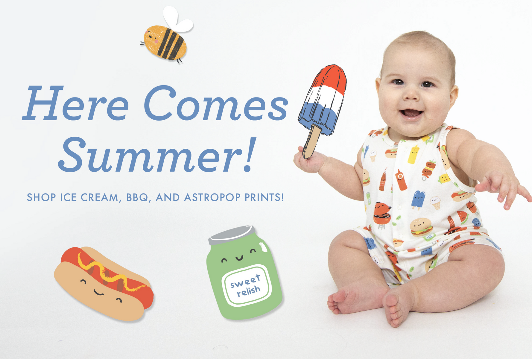 Baby holding a popsicle dress in a bbq illustrator print outfit - "Here Comes Summer"