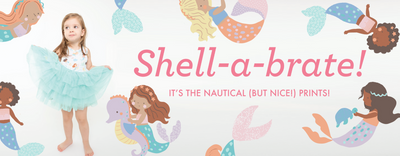 A young girl in a mermaid dress holding a seashell with the words 
