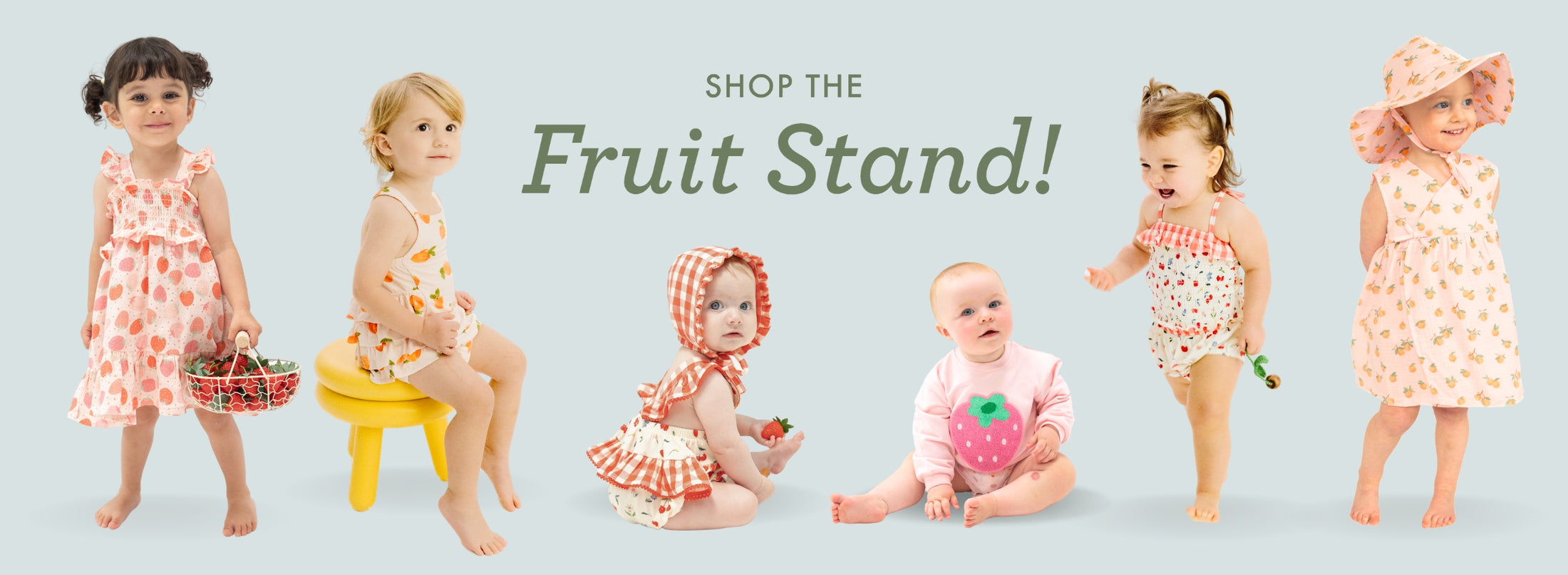 Toddler girls wear fruit themes printed outfits.
