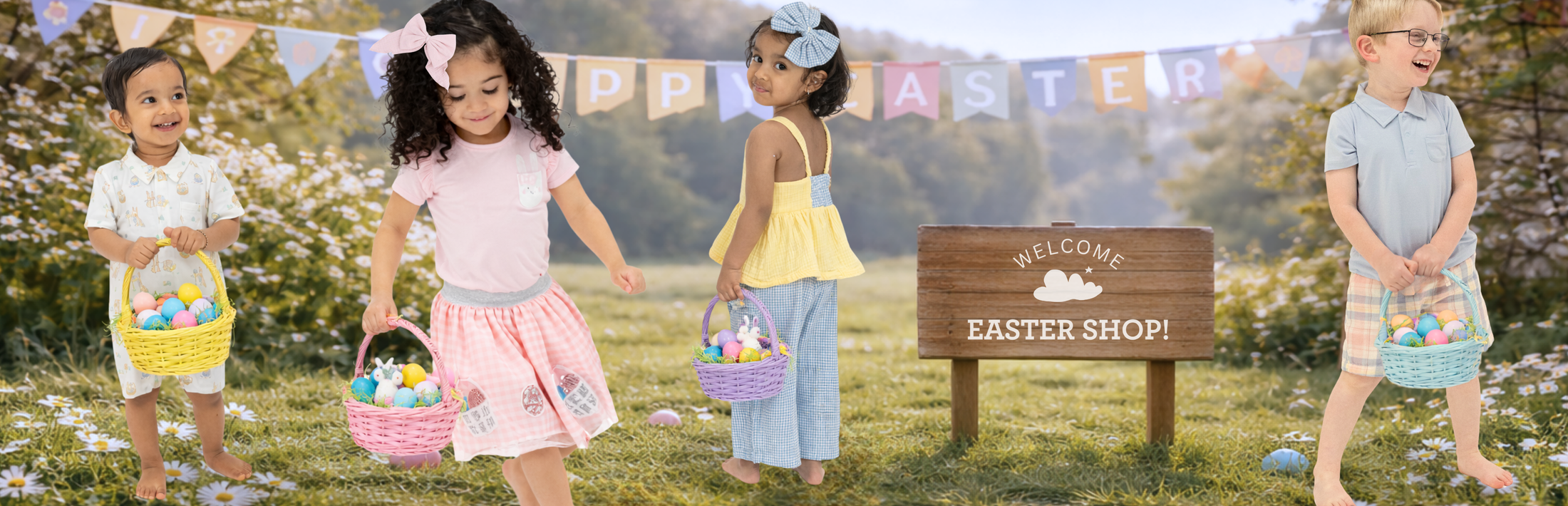 Children wearing Easter themed clothing with Easter baskets in a field with 'Easter Shop' sign in the background