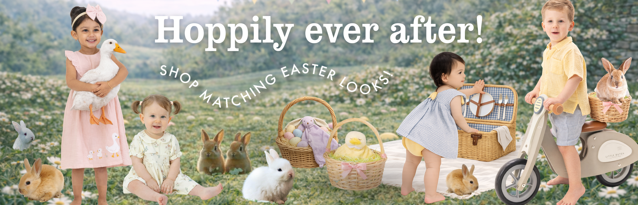 Children in Easter outfits with baskets and animals in a field, promoting matching Easter looks.