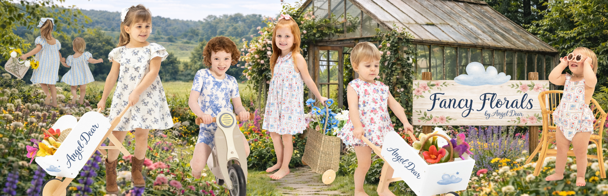 Children in floral dresses with a sign that reads, "Fancy Florals" in a garden setting.