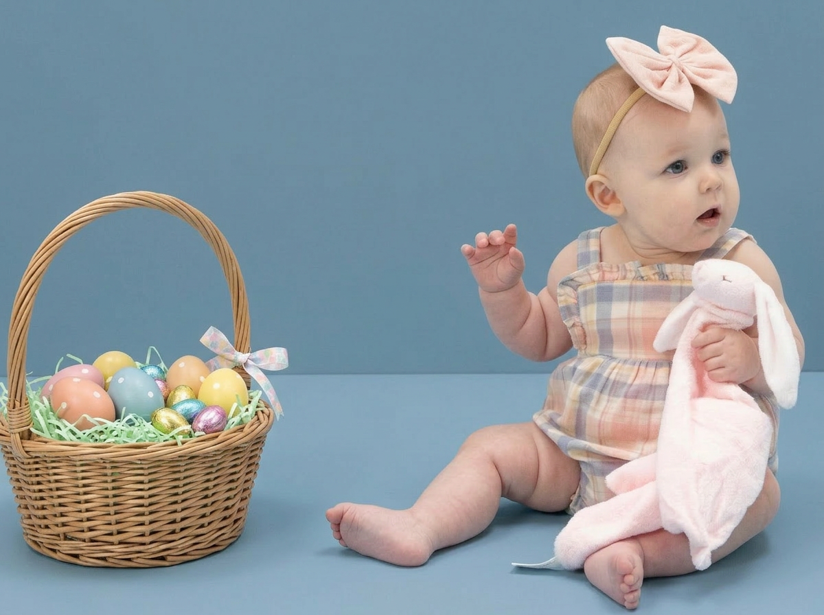 Baby girl wears a dusty plaid easter outfit. She holds a pink bunny blankie. She is sitting next to an easter basket filled with eggs, all on a blue background.