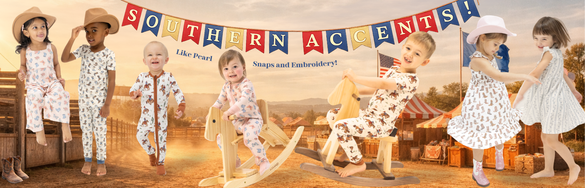 Children wearing western themed clothing with 'Southern Accents' banner and children at a rodeo scene..