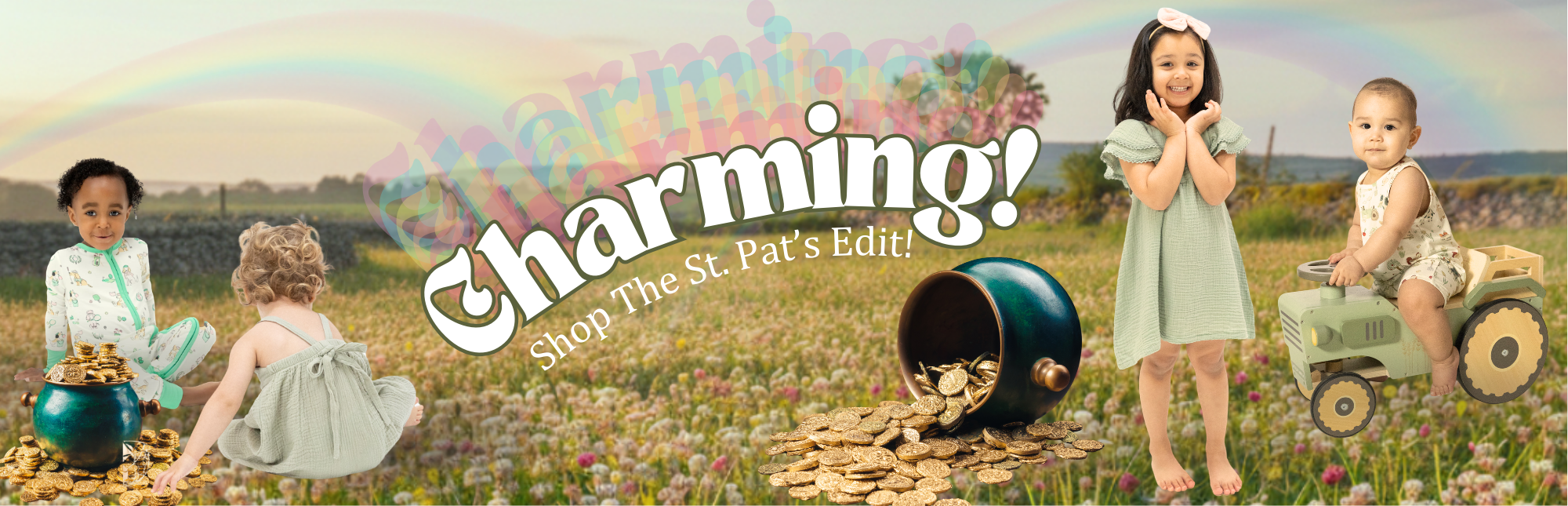 Children playing in a field with a rainbow and 'Charming, Shop The St. Pat's Edit!' text overlay.