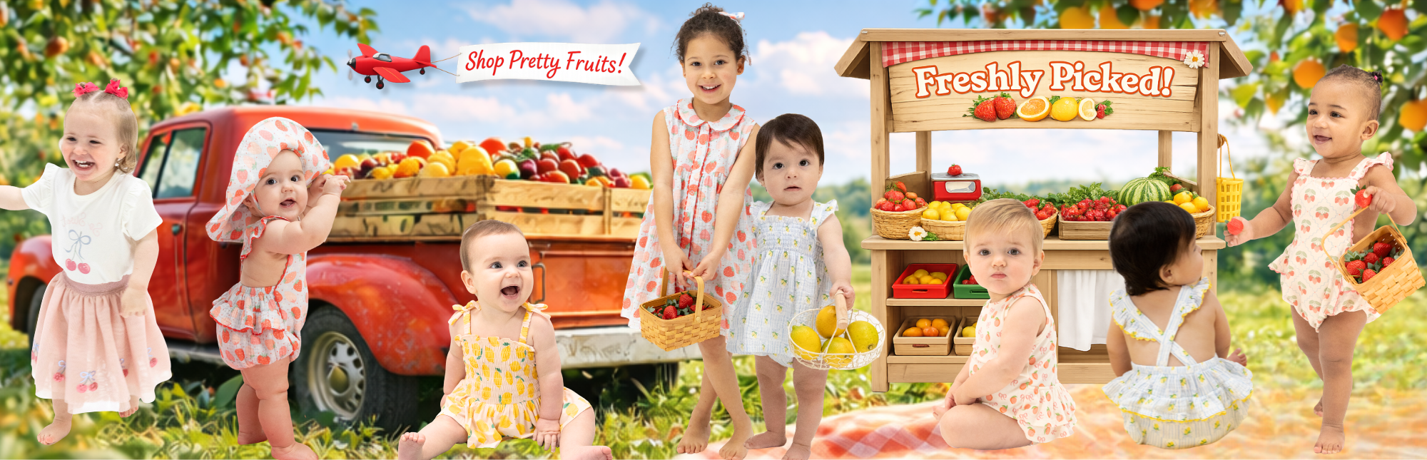 Children in a field with a fruit stand and red truck in the background