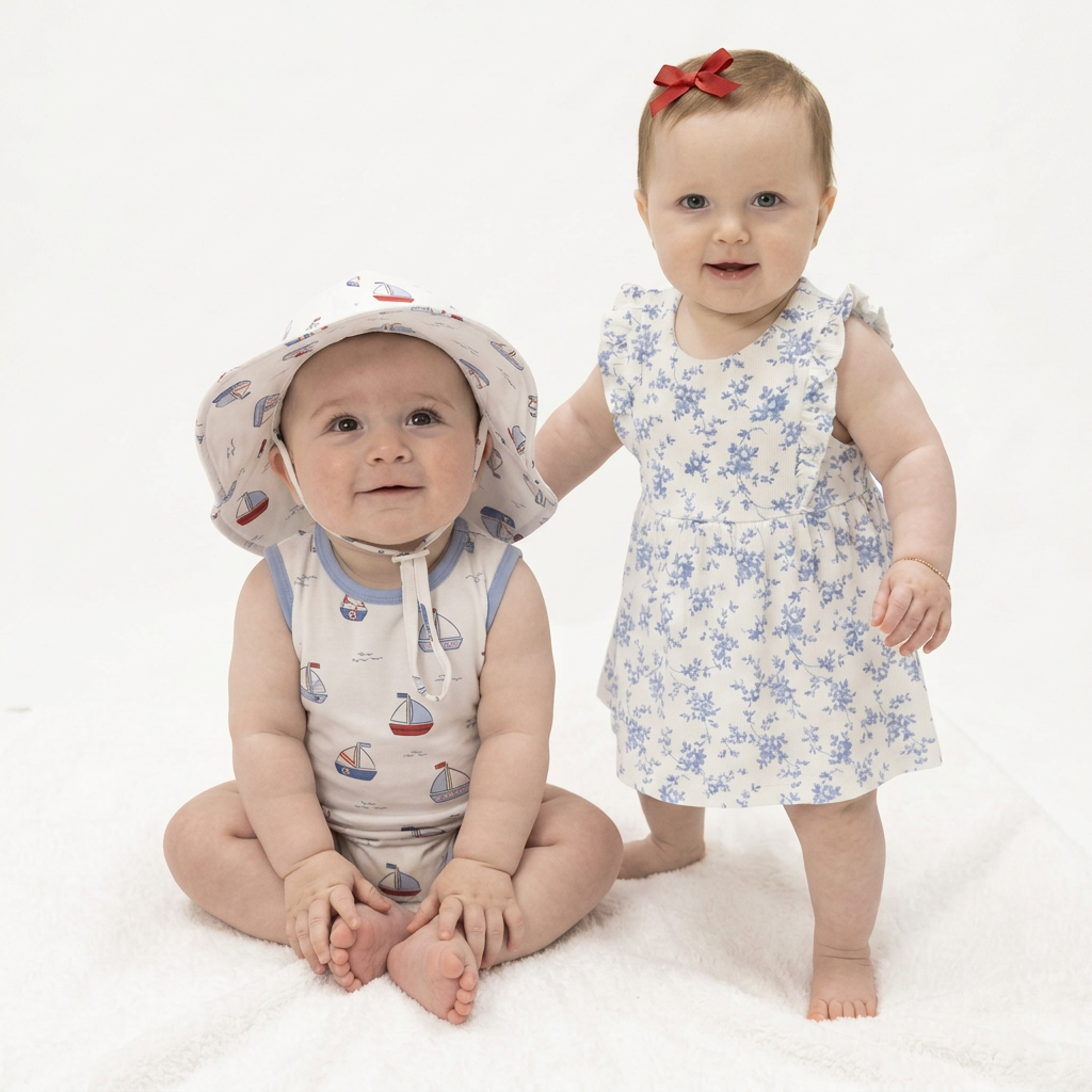 Two children, a baby and a toddler, wearing summer outfits on a white background.