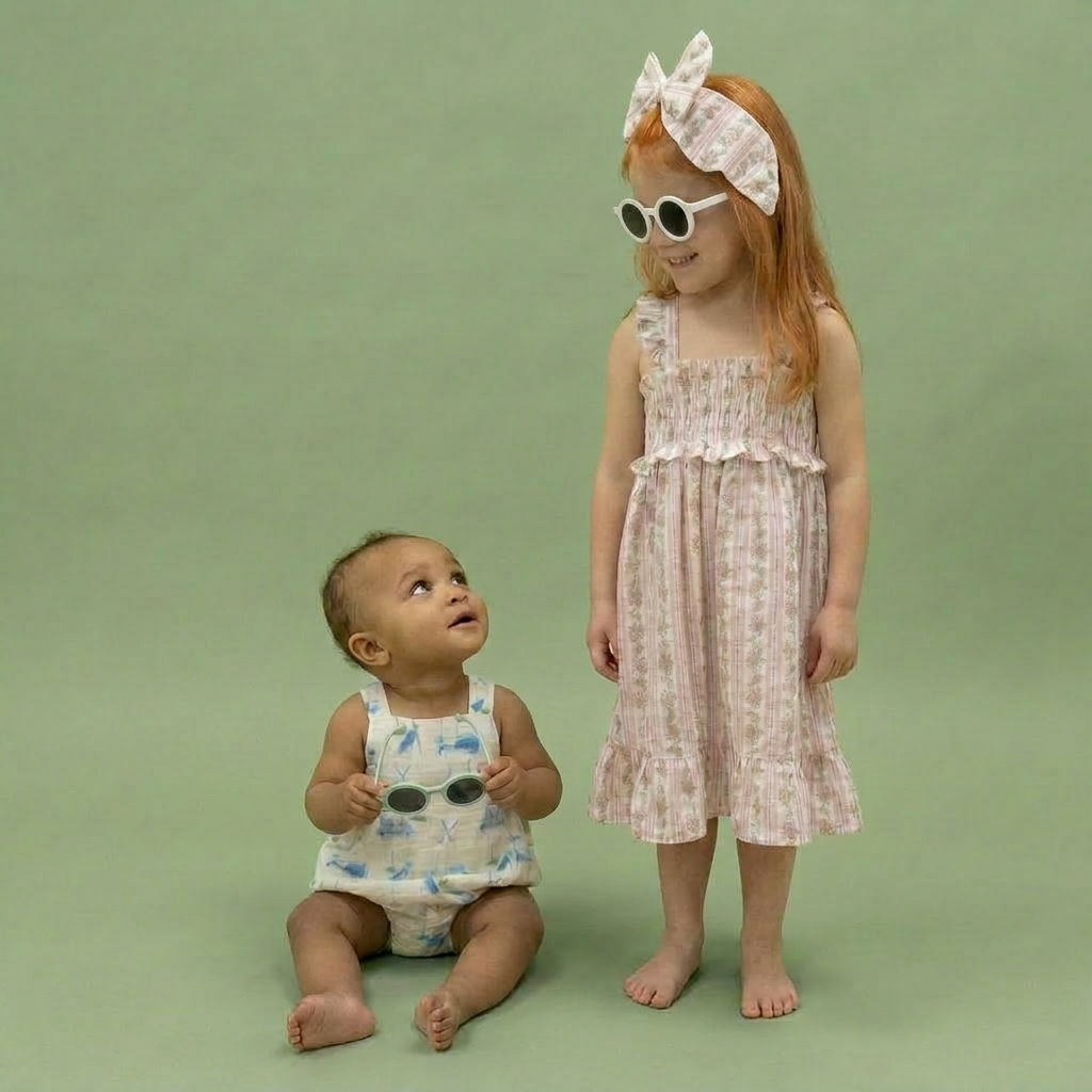 Two children wearing sunglasses on a green background