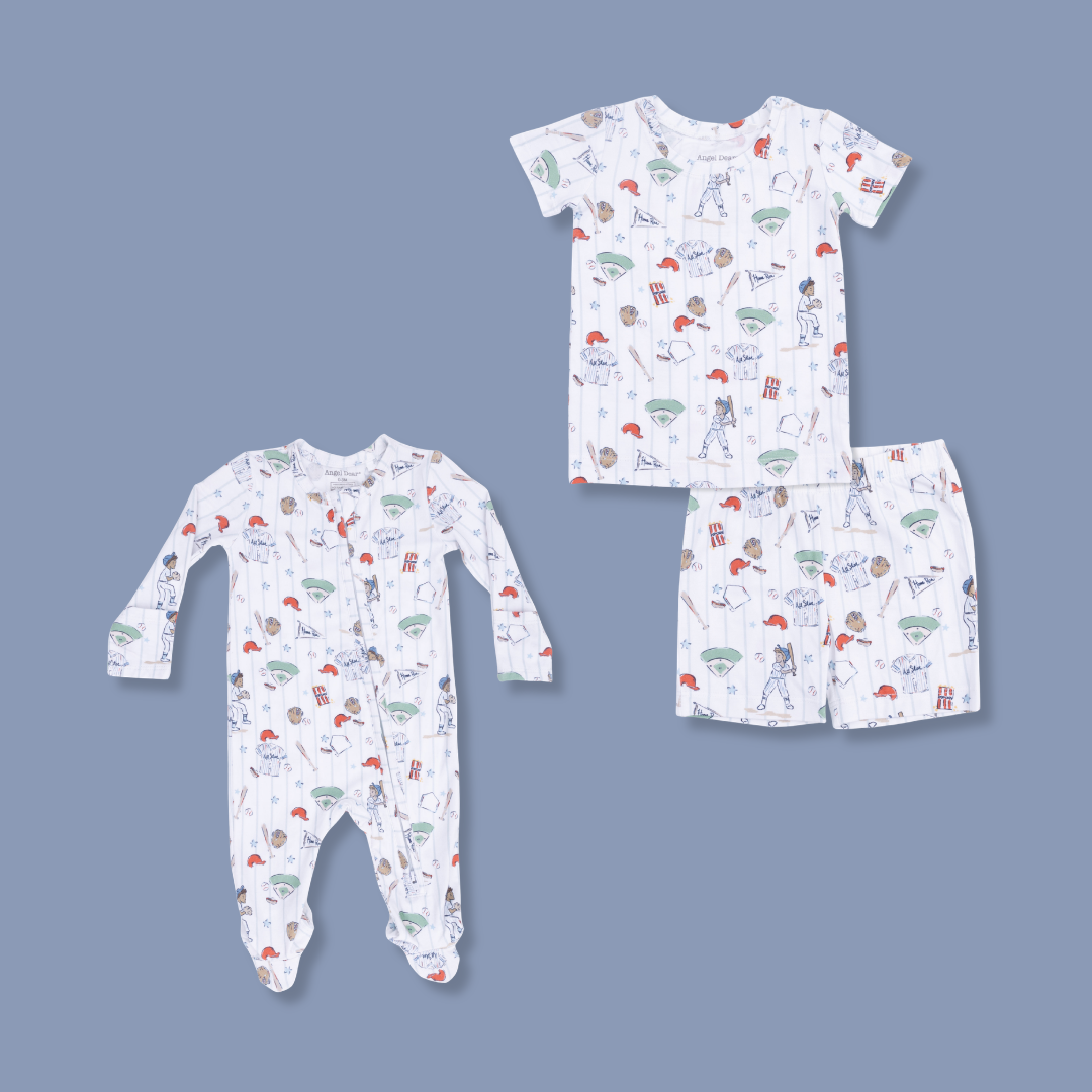 Homerun Baseball Print Footie and Short Sleeve Loungewear Set on blue background. 