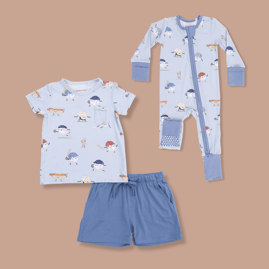 Baseballs Playing Baseball print Short Sleeve Shirt and Solid Blue Shorts set and Convertible romper on tan background. 
