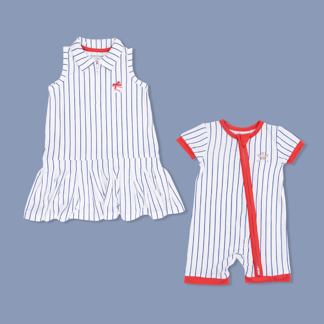 Baseball Stripe print Polo Collared Dress and Shortie Romper on blue background. 