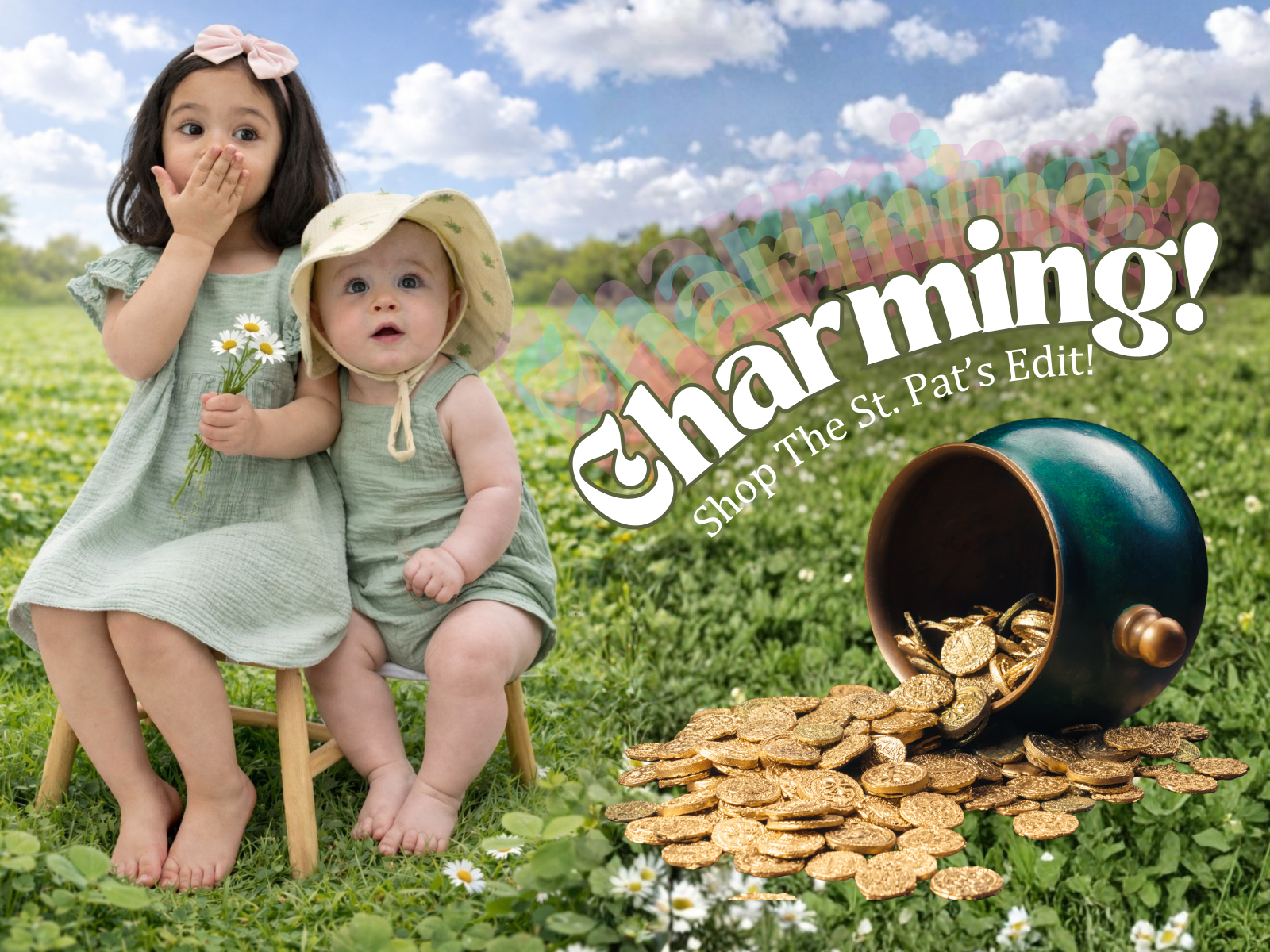 Two children in green outfits sitting on a grassy field with a pot of gold and text overlay.