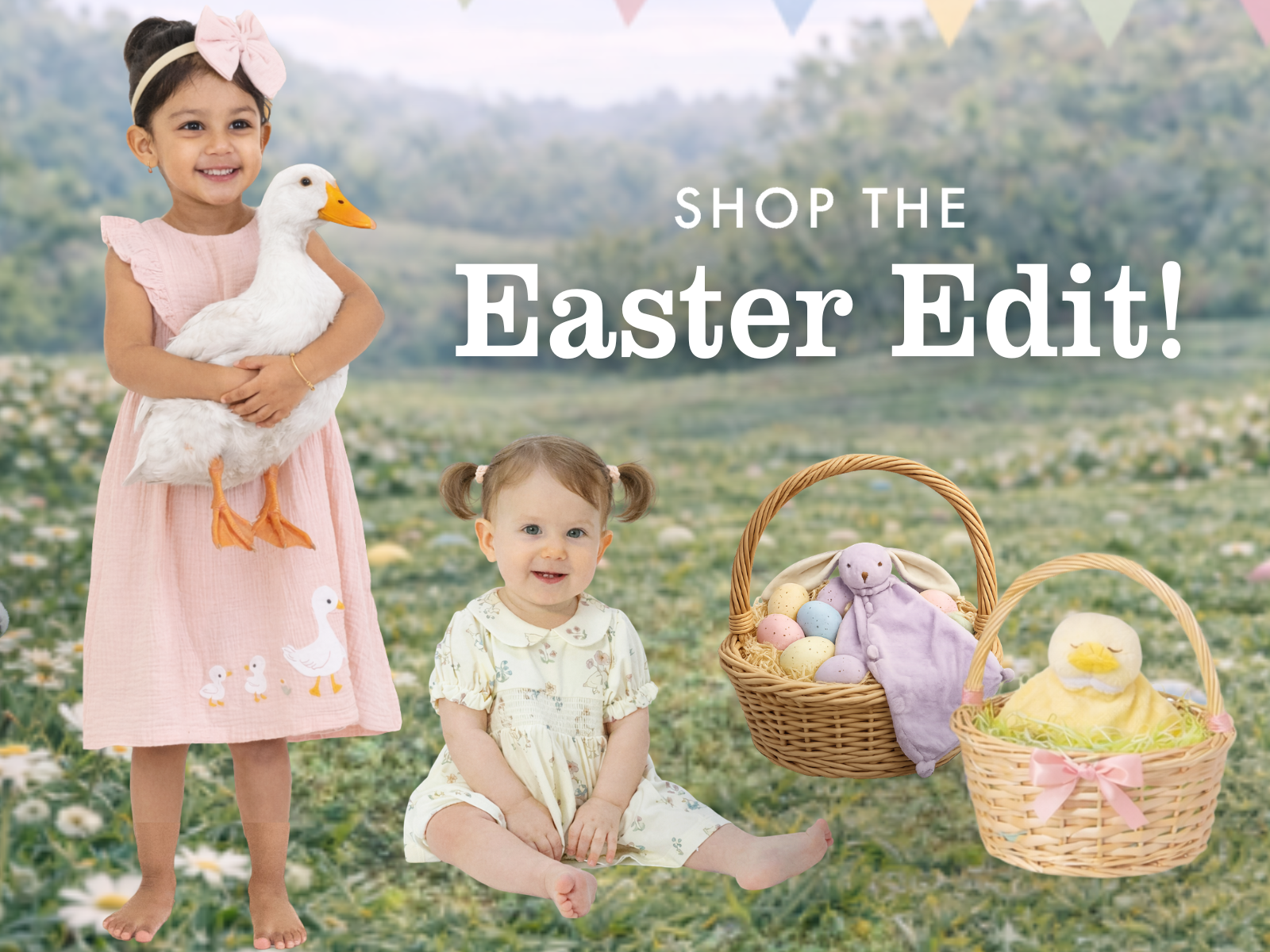 Two toddler girls wear easter dresses. Text reads, "Shop the Easter Edit!"