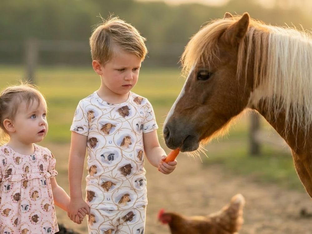 Two children wear farm animal printed outfits styles (boy in pajamas and girl in dress) while feeding a small horse. Background is a farm with chickens. 