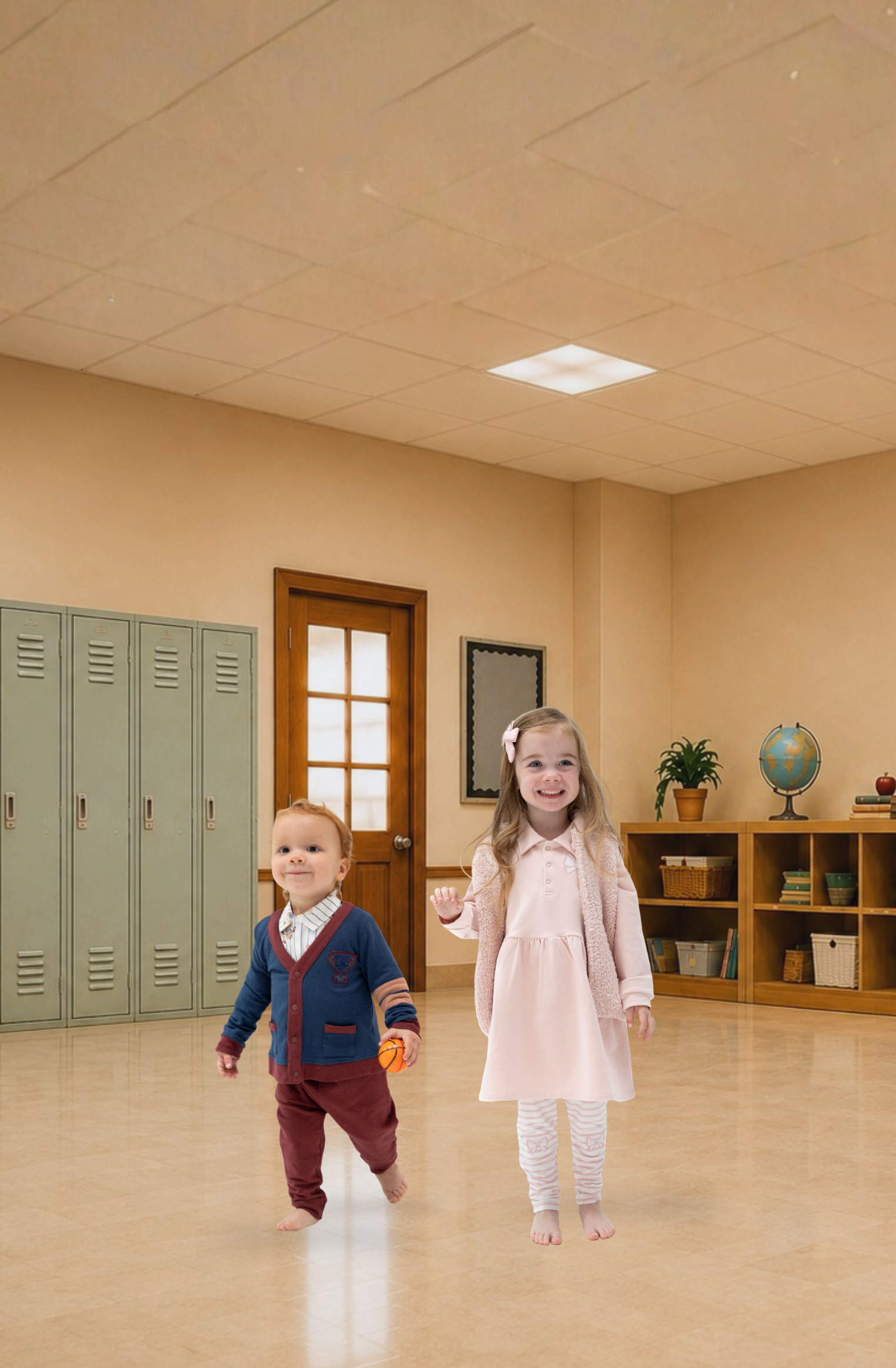 Two young children walking barefoot in a school classroom. The child on the left wears a navy cardigan over a white shirt and maroon pants, holding an orange ball.