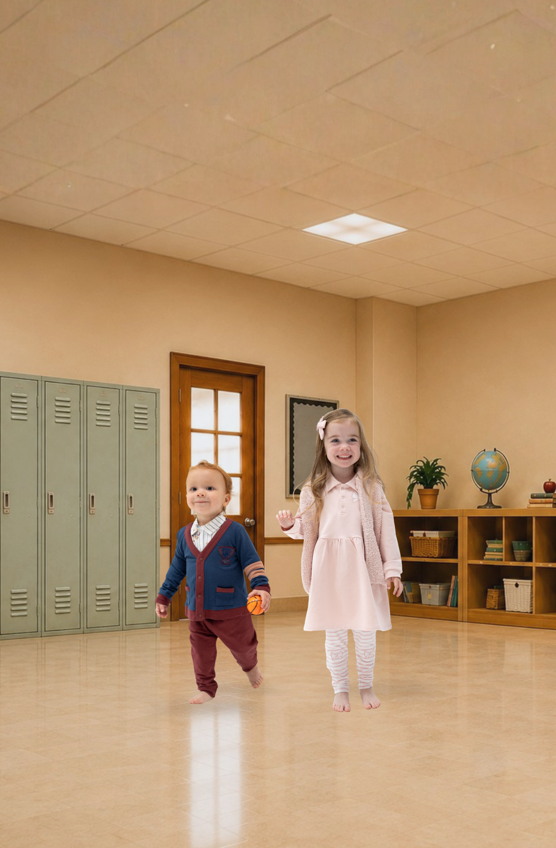 A toddler boy in a navy cardigan and burgundy pants walks barefoot in a classroom, while a young girl in a pink dress, leggings and chenille vest stands next to him smiling.